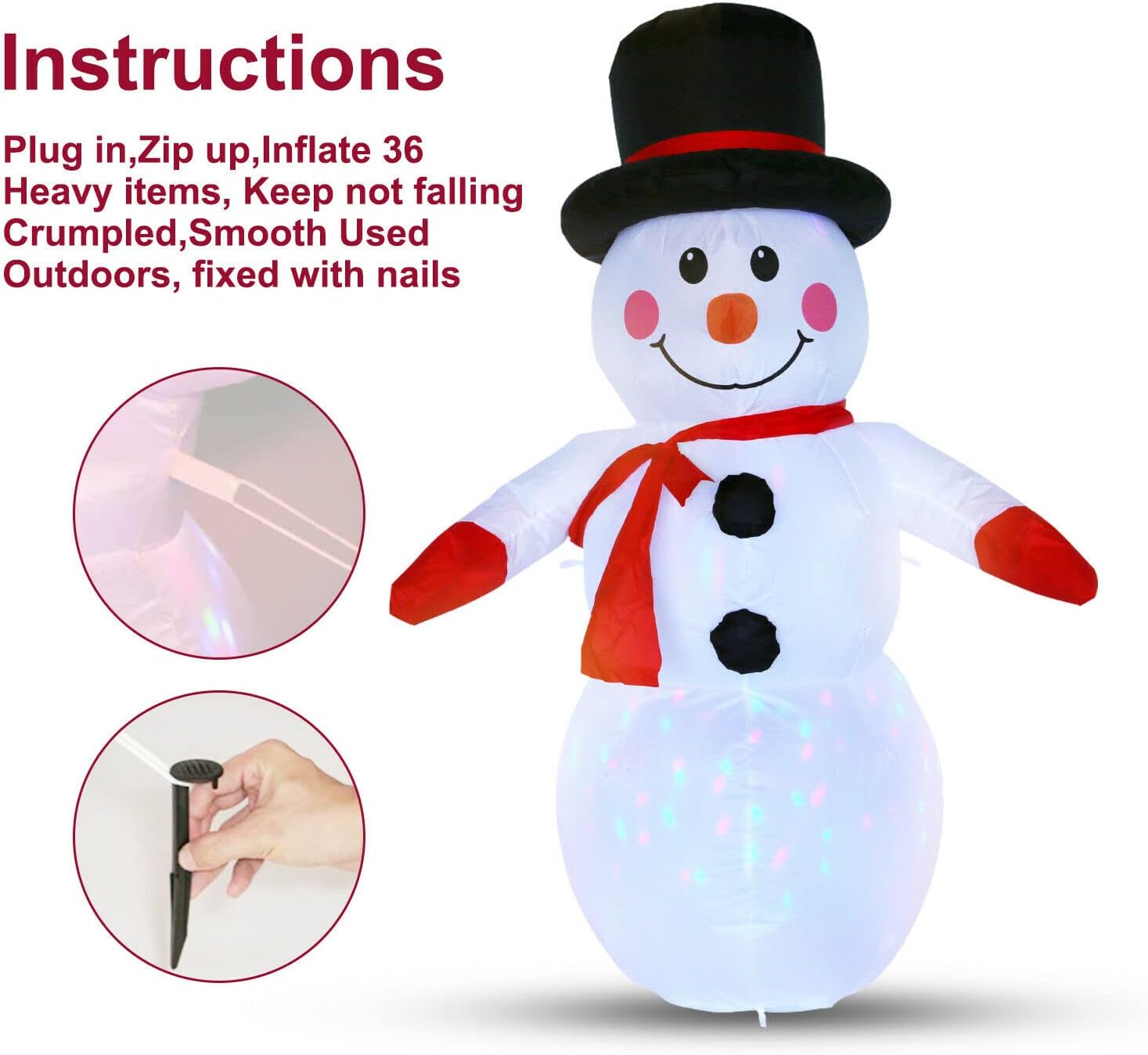 120 CM Muñeco de Nieve Inflable, Uten 4 Pies Inflable Muñeco de Navideño Nieve con Luz LED, IP44 Decoración Navideña Inflable Impermeable con Cuerda de Clavos Fija Apto para Interior y Exterior