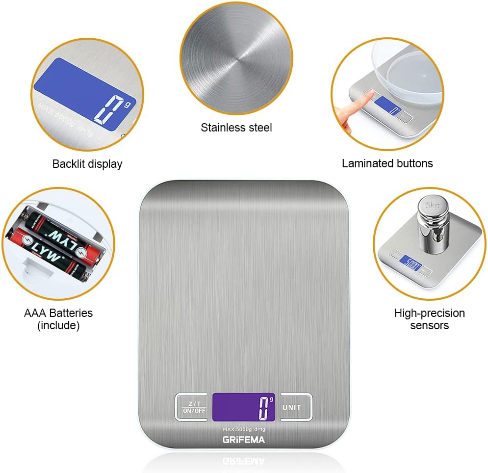 GRIFEMA - GA2002, Balança de cozinha com ecrã LCD, aço inoxidável, balança de alimentos multifuncional 5 kg/11 lbs, cinzento: Cor do ecrã: Azul [exclusivo na Amazon]