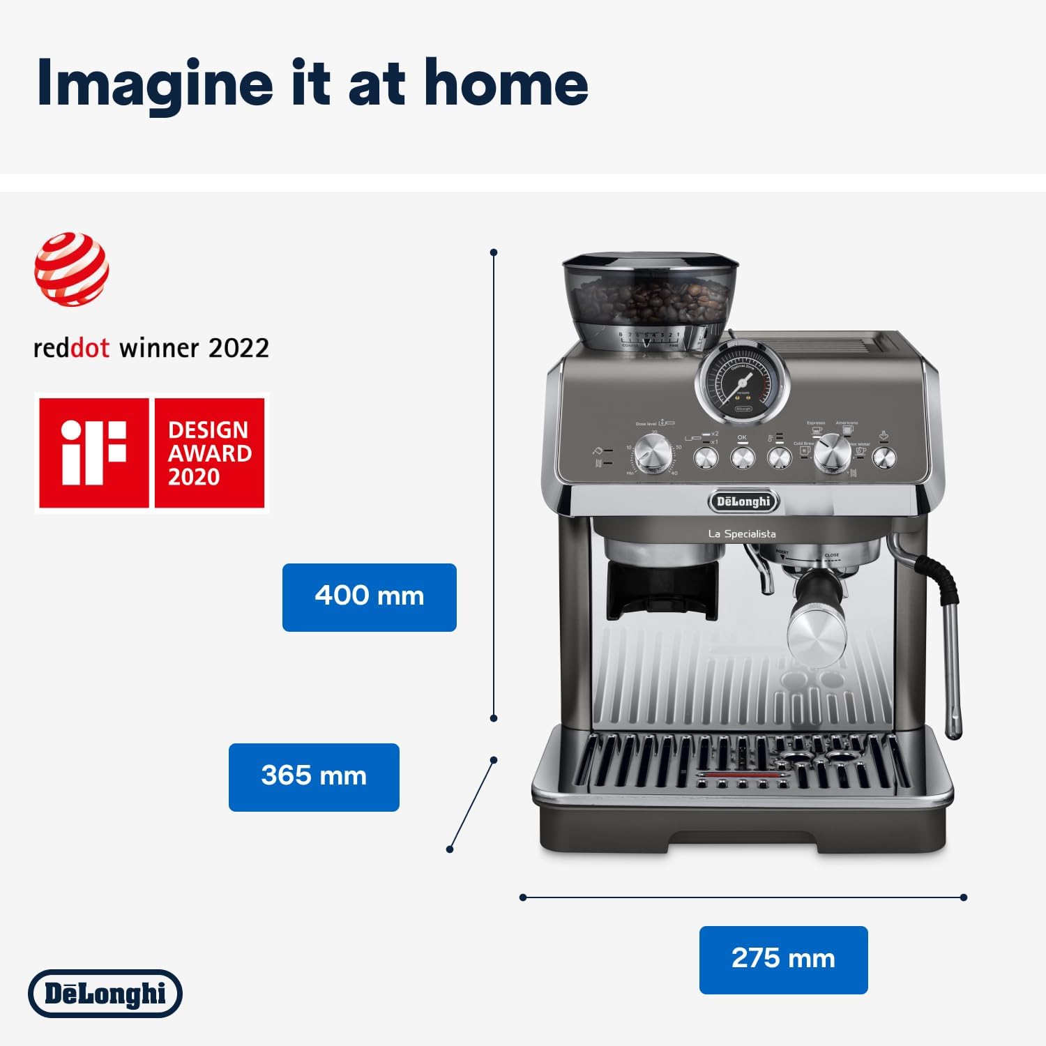De'Longhi A arte especial Evo EC9255.T, máquina de café expresso, com função Cold Brew, com jarro de leite profissional, sensor Grinding Technology, incluído kit de barista, 1550 W, titânio