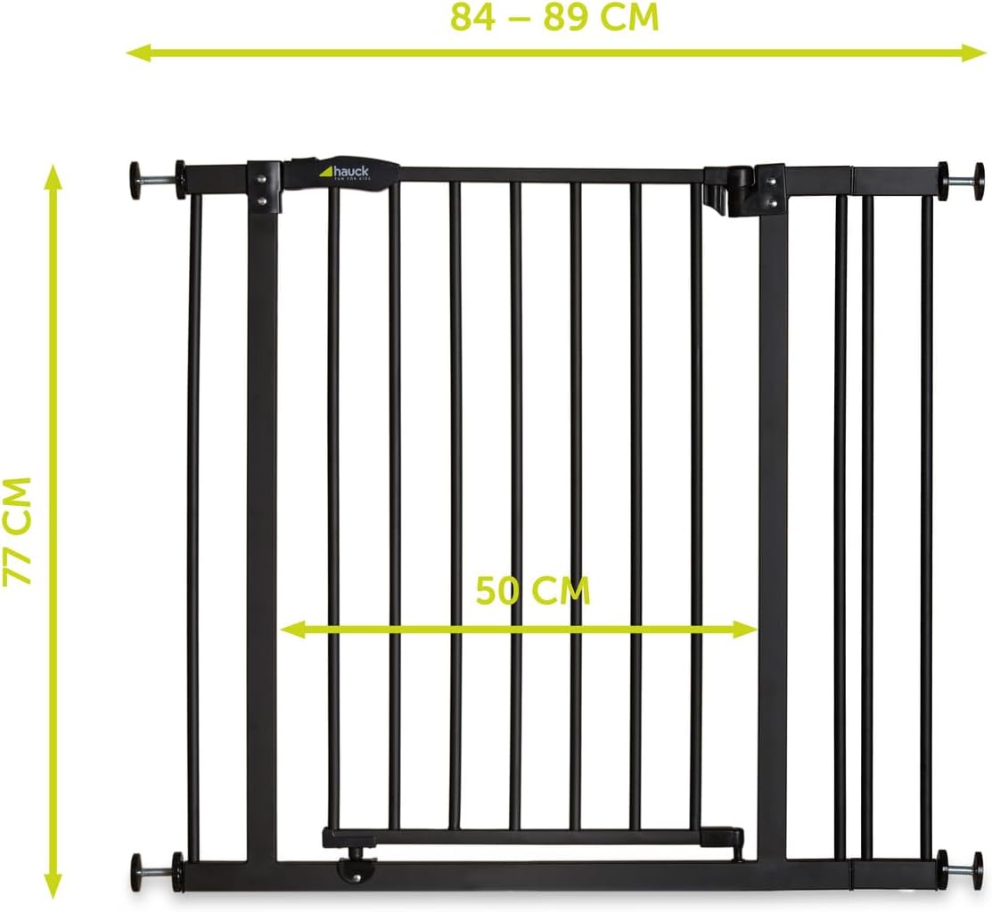 hauck Barreira de segurança infantil para portas e escadas Close N Stop Safety incl. Extensão 9 cm, cercas infantis, sem orifícios, 84-89 cm, corrimão escada crianças, metal, preto