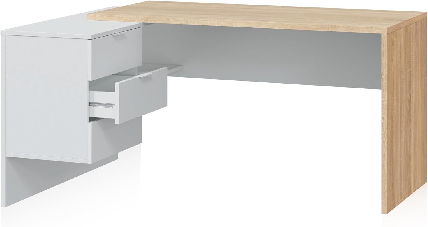 duehome | Escritório com gaveta, mesa de escritório, modelo Office Work, acabamento em branco Artik e carvalho cananadian, medidas: 145 cm (comprimento) x 102 cm (fundo) x 73 cm (altura)