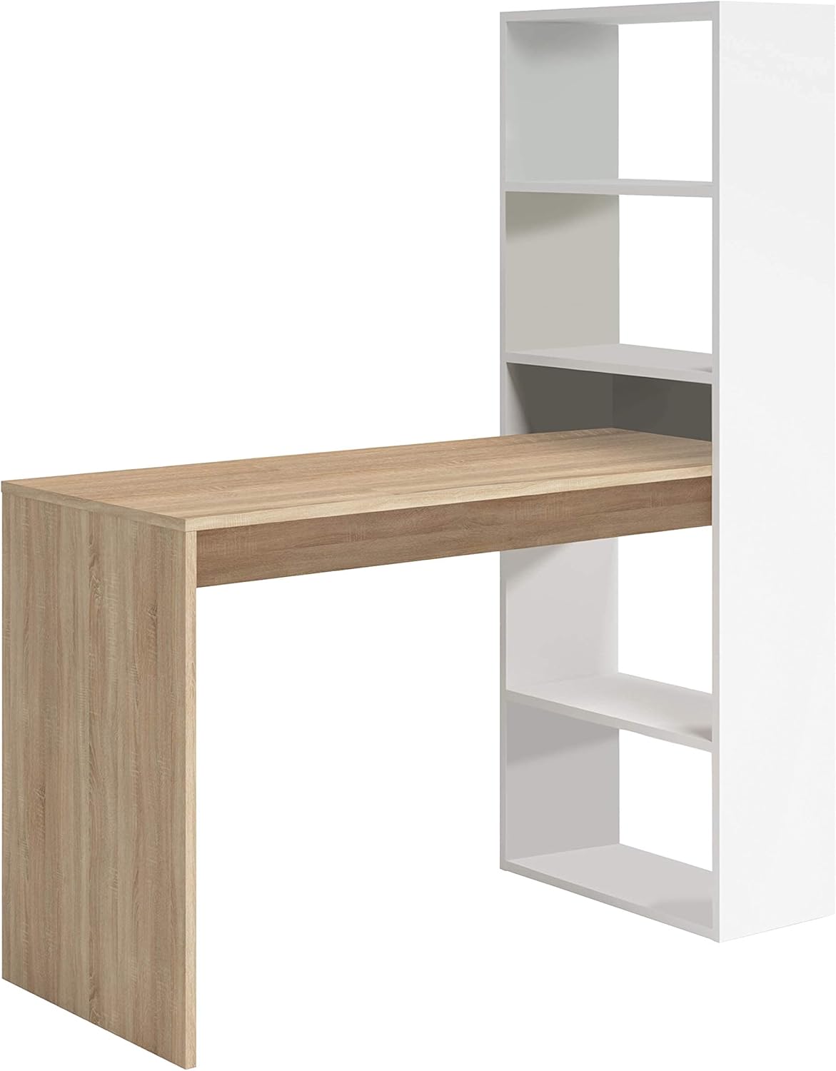 Habitdesign Mesa com prateleira reversível, mesa de computador, branco Artik e carvalho canadian, modelo duplo, medidas: 120 cm (largura) x 53 cm (fundo) x 144 cm (altura)