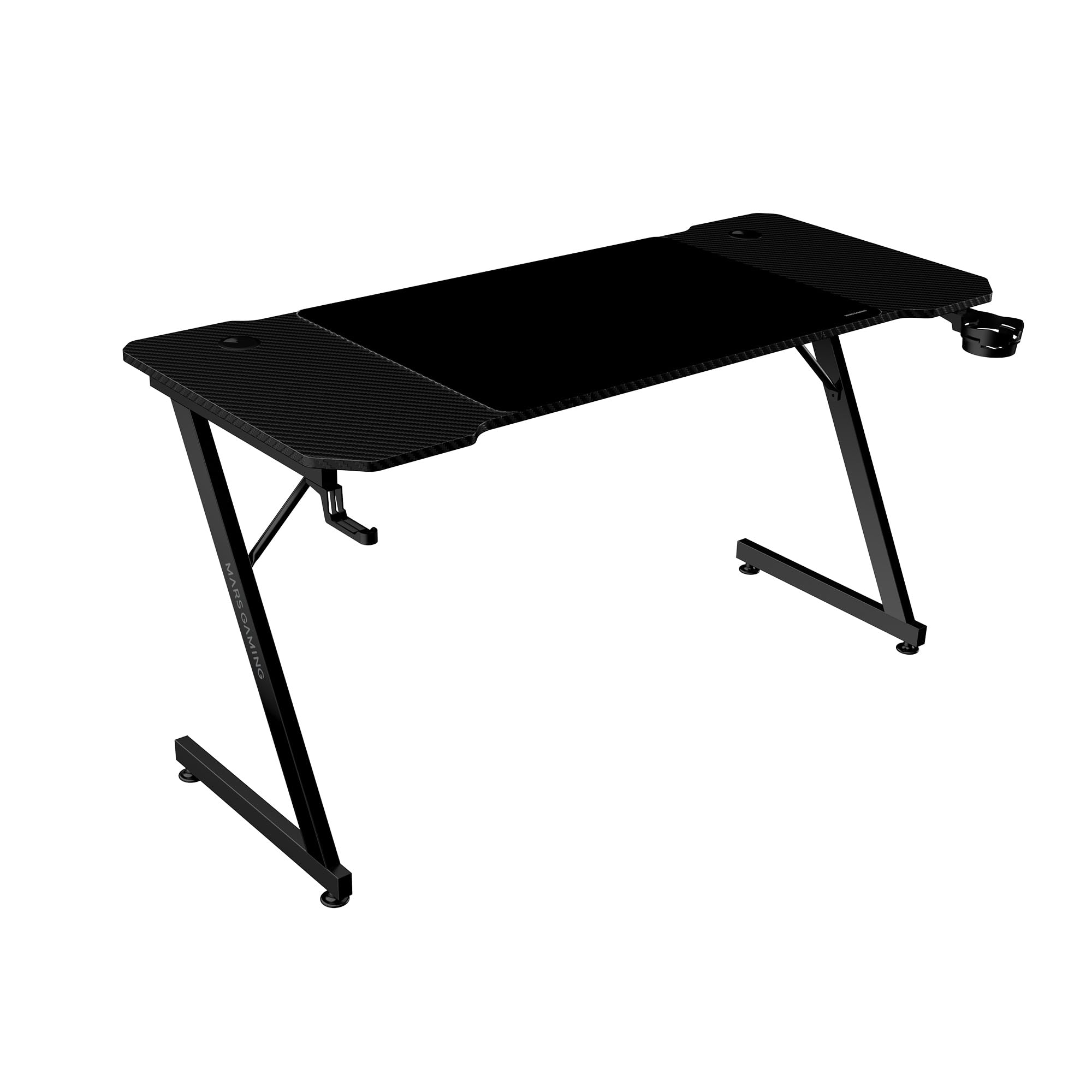 Mars Gaming MGD-X160RGB, Mesa de jogos ergonómica, iluminação ARGB com comando, fibra de carbono, tapete XXL, suporte auriculares e bebida, gestão com cabos, secretária Gaming 160 x 60 cm, preto