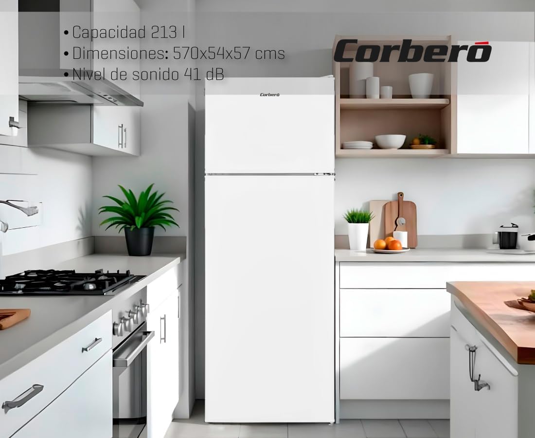 Corbero - Frigorífico 2P CF2PV21324W | Capacidad 212L | Blanco | Luz Interior, Crisper, Balcones Ajustables, Descongelación Manual, Estantes de Cristal, Huevera, Cubiteras | Eficiencia Energética E