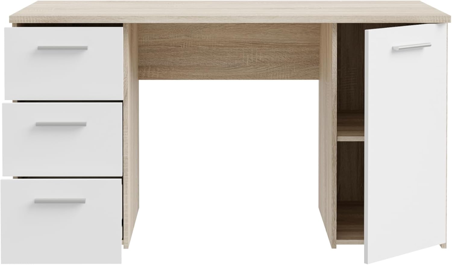 Forte NET307 - Escritorio con 1 Puerta y 3 cajones, Madera de Roble Sonoma con Blanco, 138 x 75 x 60 cm