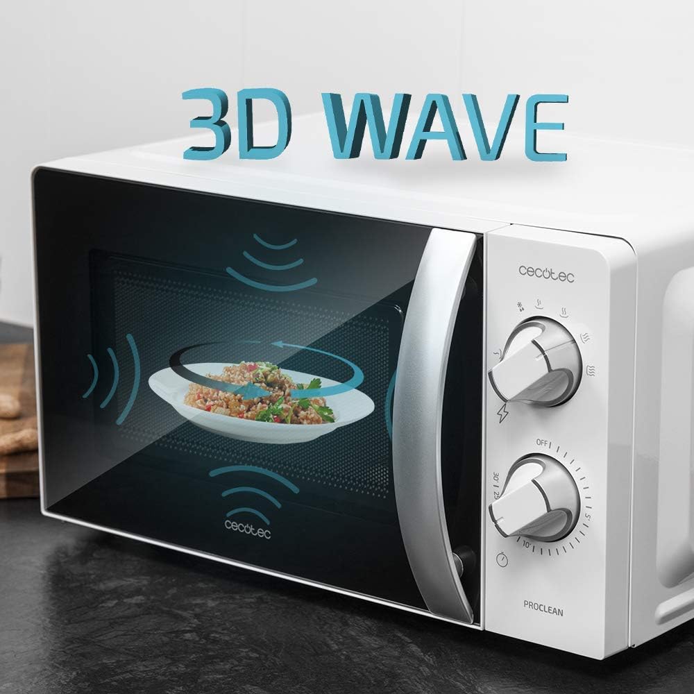 Cecotec Microondas ProClean 2010. 700 W de potência, capacidade de 20 l, tecnologia 3DWave, modo de descongelação, 6 níveis de potência, temporizador 30 mins, design compacto