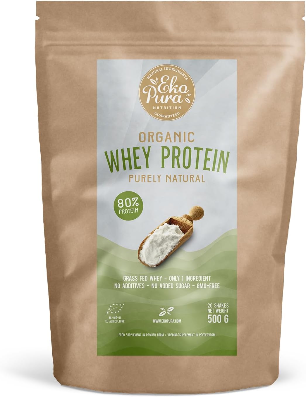 Organic Whey Protein - Purely Natural - 80% Proteína - Proteína de suero Orgánico - Sin Aditivos - Libre de GMO - Sin Soja - 500g