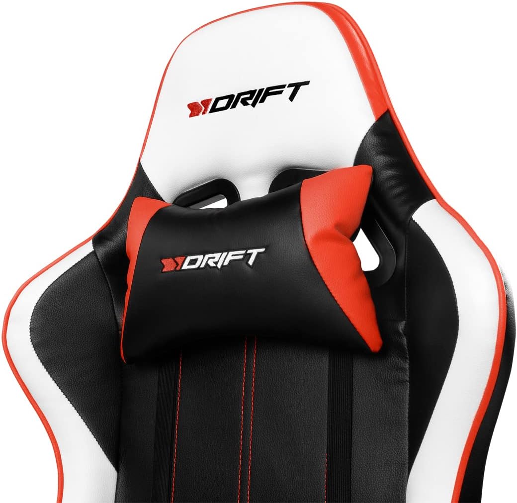 DRIFT GAMING DR175 - Cadeira Gaming profissional, couro sintético, apoio de braços ajustáveis 2D, pistão classe 4, giratória, mecanismo de borboleta, almofada lombar e cervical, cor preto/branco