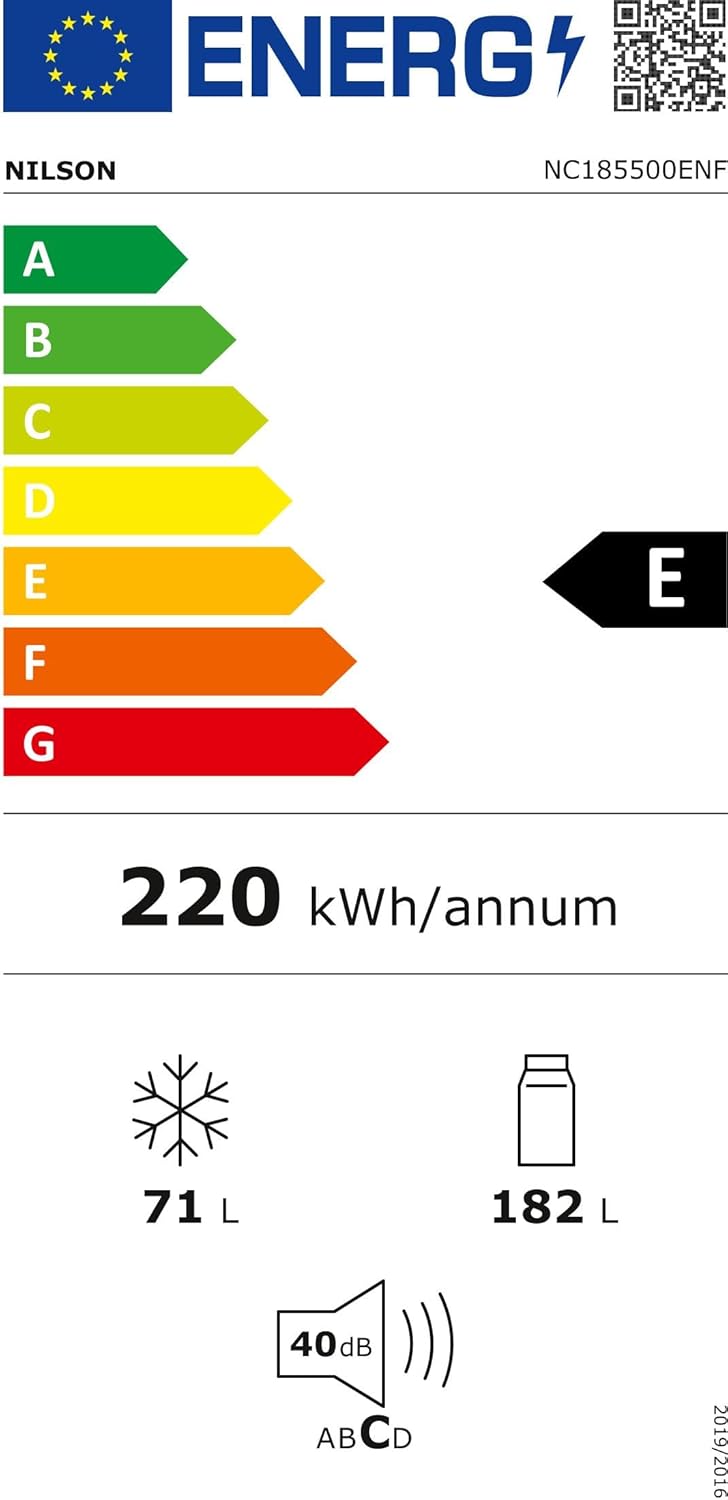 NILSON Frigorífico combinado branco, 2 portas. NC185500ENF, Capacidade de 253 litros, sem rost, Multi Air Flow, baixo nível sonoro, porta reversível, classificação energética E