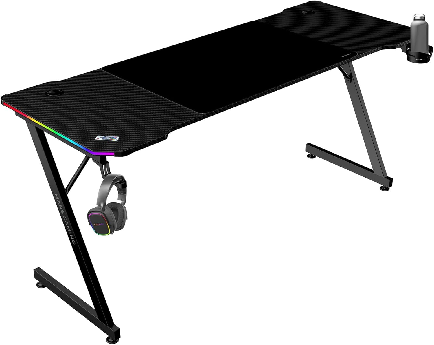 Mars Gaming MGD-X160RGB, Mesa de jogos ergonómica, iluminação ARGB com comando, fibra de carbono, tapete XXL, suporte auriculares e bebida, gestão com cabos, secretária Gaming 160 x 60 cm, preto