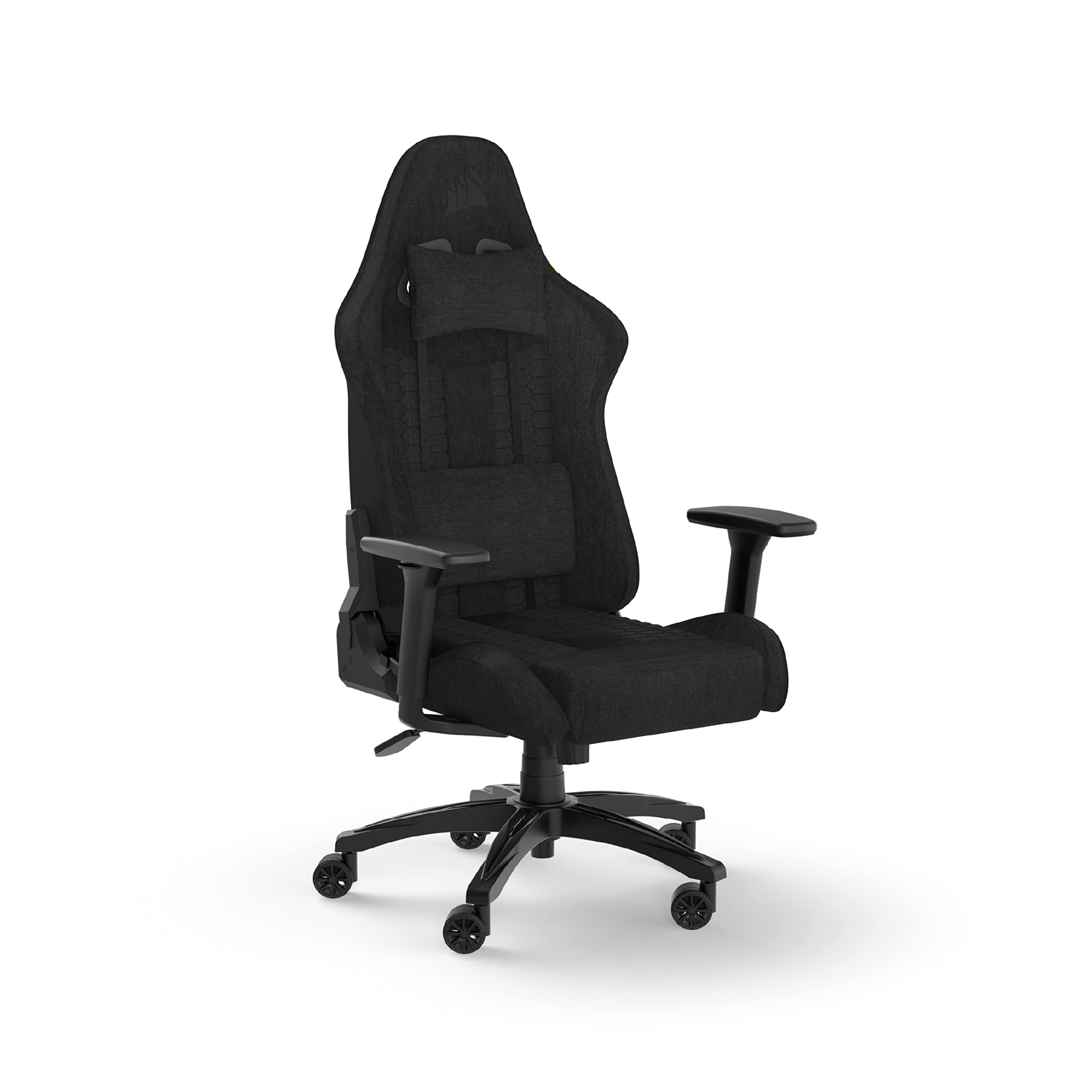 Corsair TC100 Cadeira relaxada para jogos - Fabric - design inspirado em corridas - almofada lombar - almofada cervical removível de espuma viscoelástico - apoios de braços ajustáveis - cinzento e