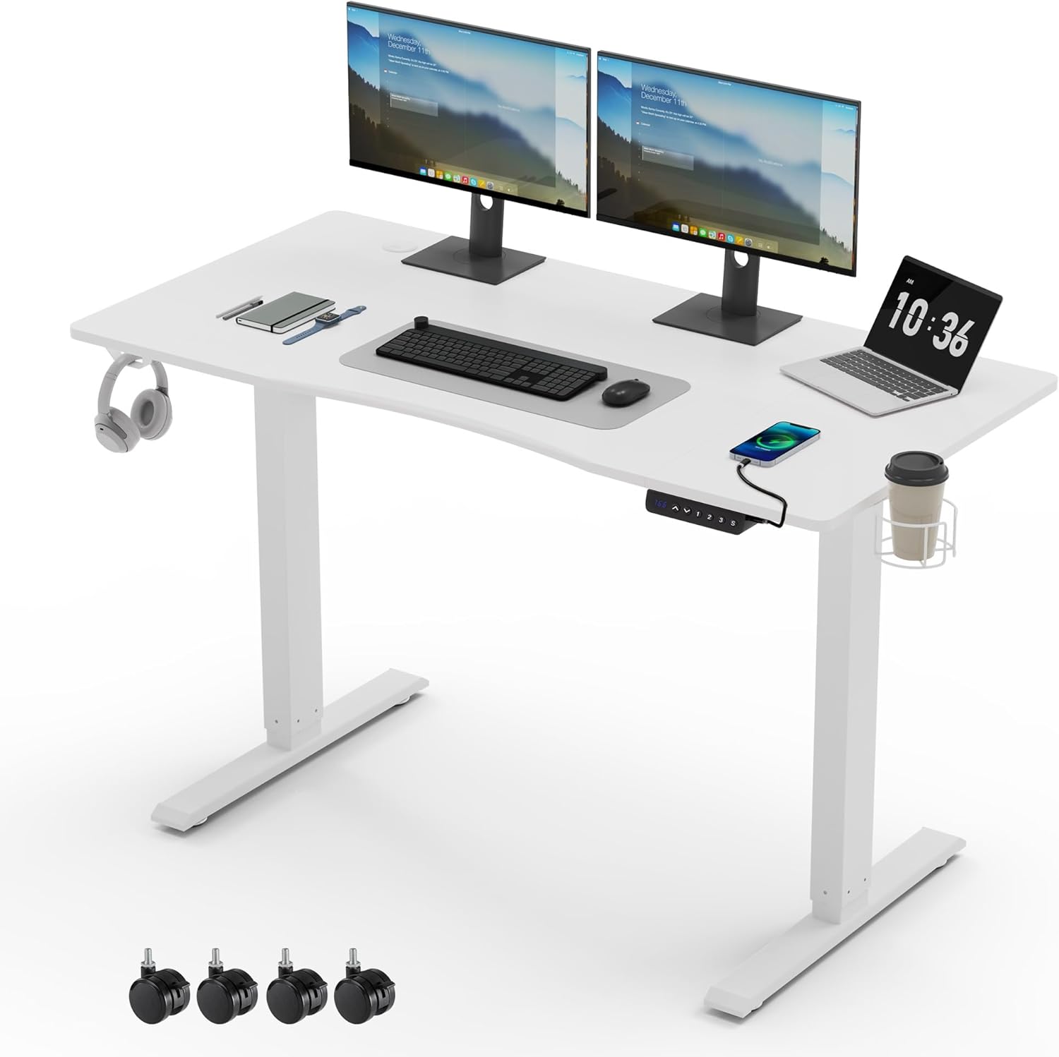 Mondeer Secretária sentada em pé, mesa elétrica regulável em altura 120 x 60 cm, com painel de controlo com funções de memórias para estudar quarto de trabalho, branco