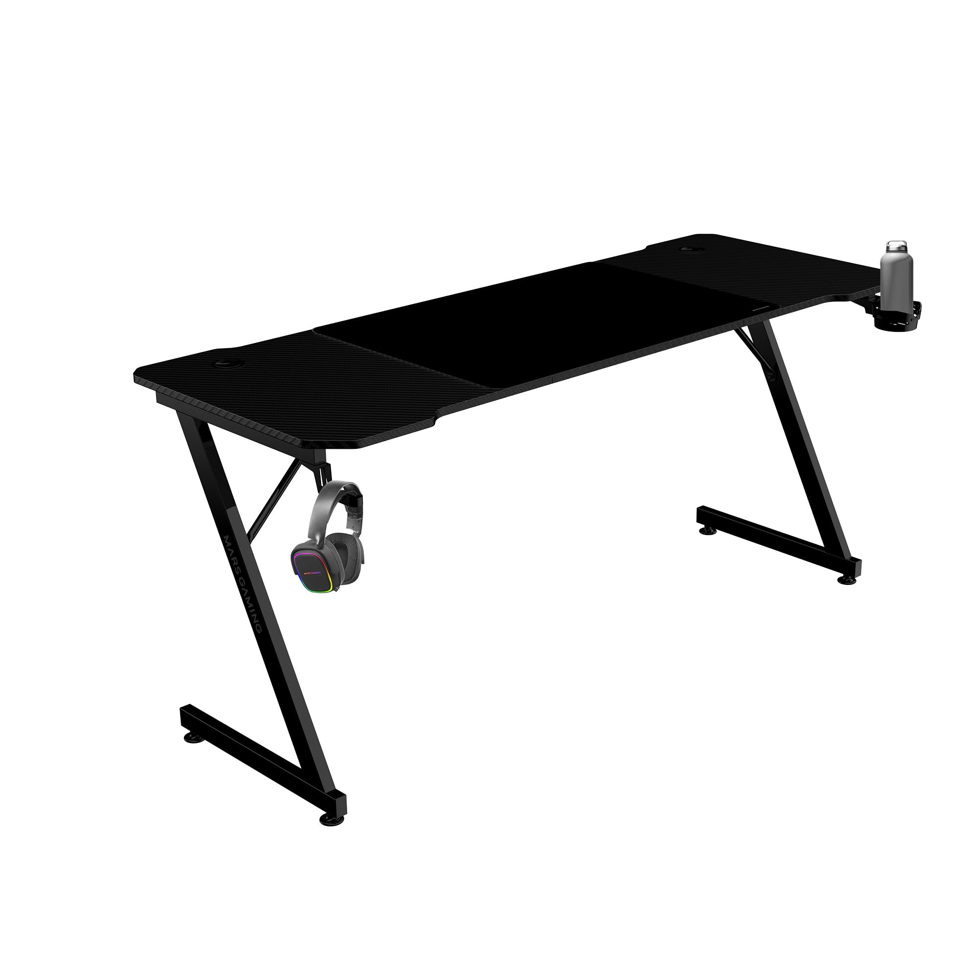 Mars Gaming MGD-X160RGB, Mesa de jogos ergonómica, iluminação ARGB com comando, fibra de carbono, tapete XXL, suporte auriculares e bebida, gestão com cabos, secretária Gaming 160 x 60 cm, preto