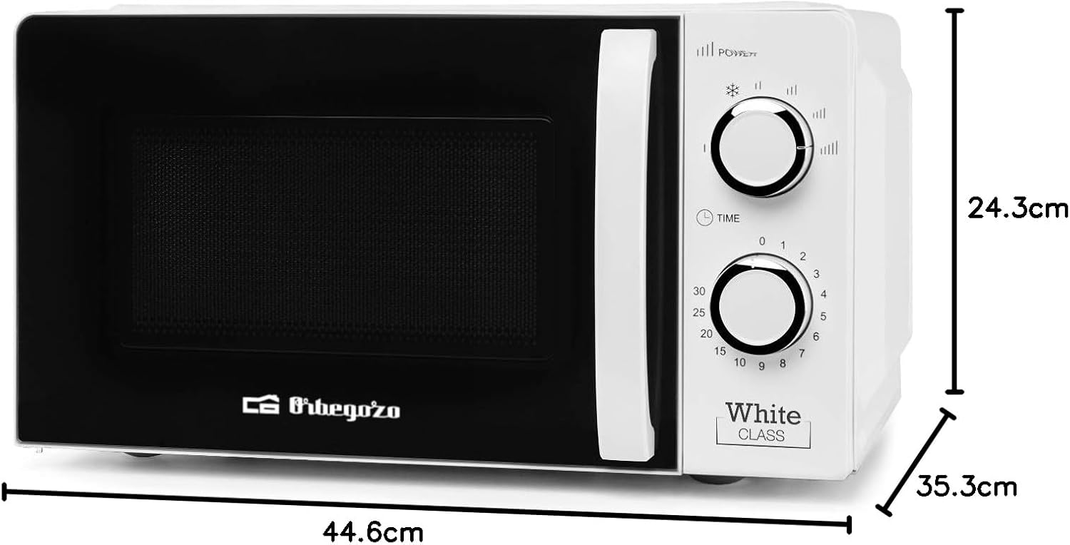 Orbegozo MI 2115, micro-ondas, 700 W, 6 níveis de funcionamento, capacidade de 20 litros, temporizador até 30 minutos, programa de descongelação, sinal de fim de cozimento, cor branca