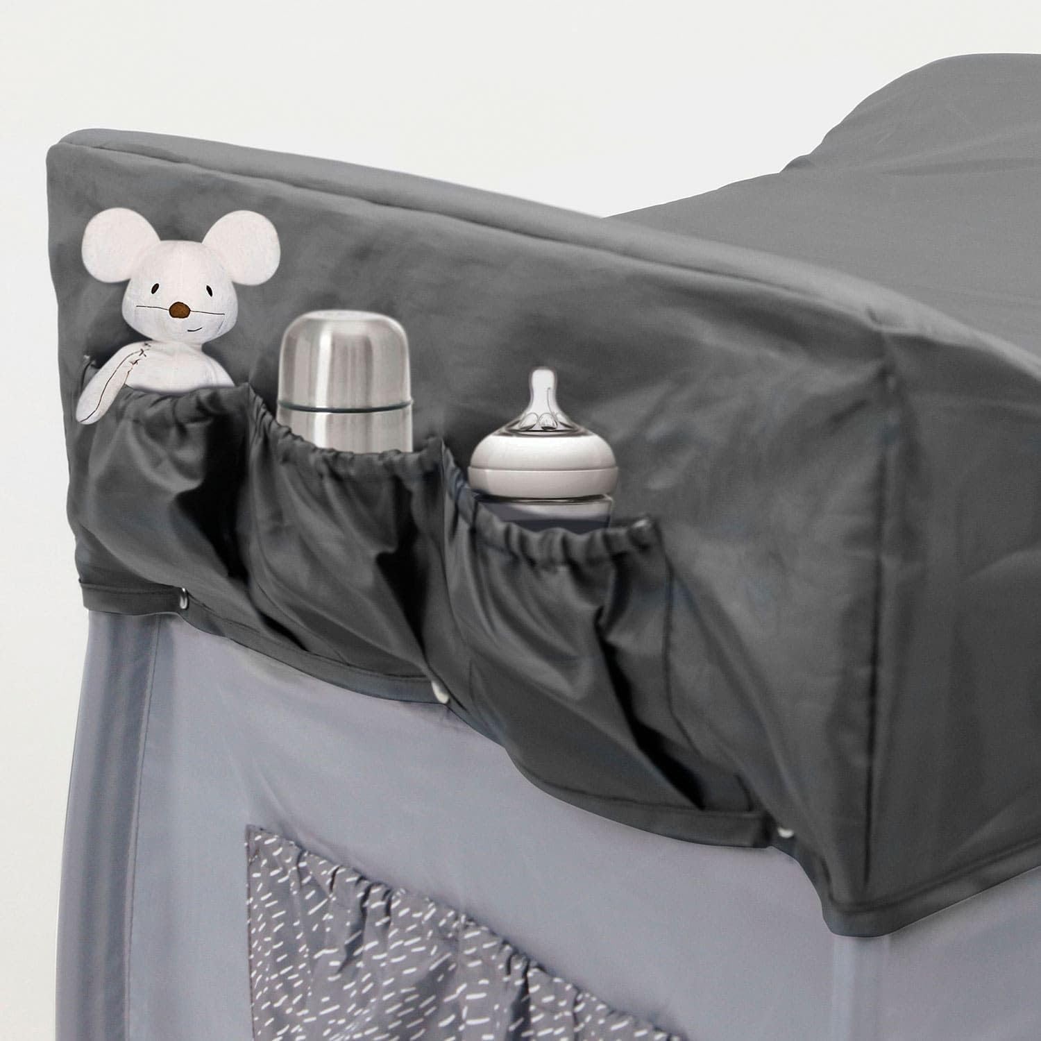 Asalvo Berço de viagem 4 em 1 para bebé com altura dupla, arco de jogos, dobrável compacto, base acolchoada e bolsa de transporte Mix Plus Zeppelin cinzento