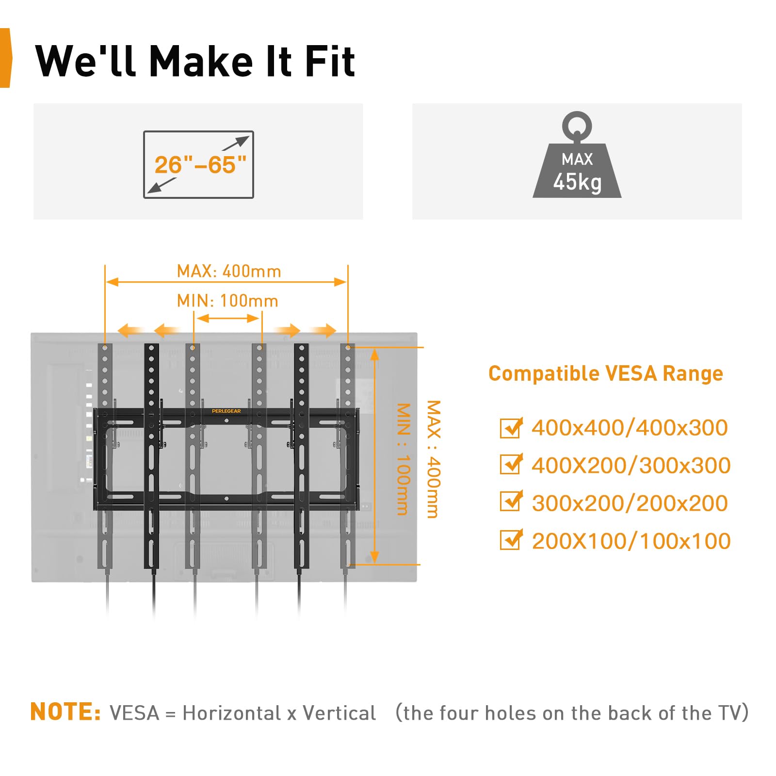 Perlegear Suporte de parede para TV de 26 a 65 polegadas - Suporte de TV de parede inclinável com carga de 45 kg, VESA máx. 400x400 mm