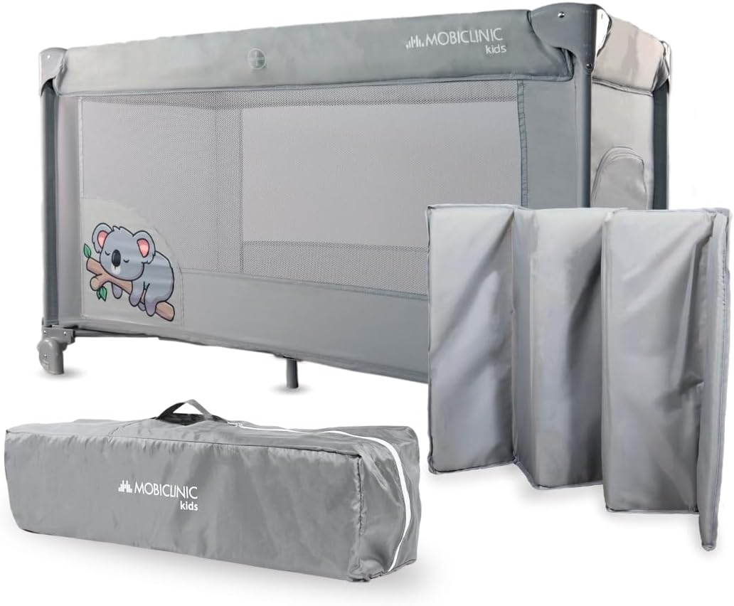 Mobiclinic®, Cuna de Viaje, Bolsa Transporte, 2 en 1, Plegado ultracompacto, Colchón extraíble, Mofli, hasta 15kg, Tela Transpirable, Entrada Lateral con Cremallera, Parque bebé, Ruedas (Gris)