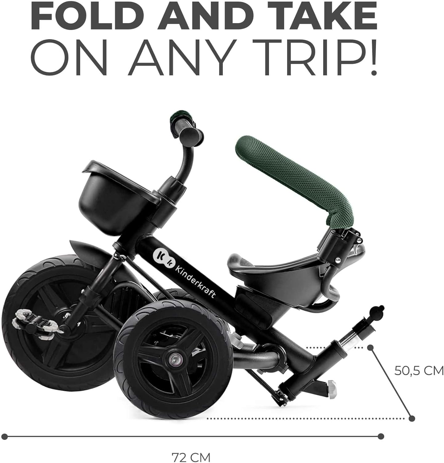 Kinderkraft AVEO Triciclo Bebé, Plegable, Trike, Bicicleta para Niños, Triciclo Evolutivo, Triciclo Sin Pedales, Bicicleta Bebe, Con Accesorios Práctico, Dos Cestas, 9 Meses a 25 kg, Verde