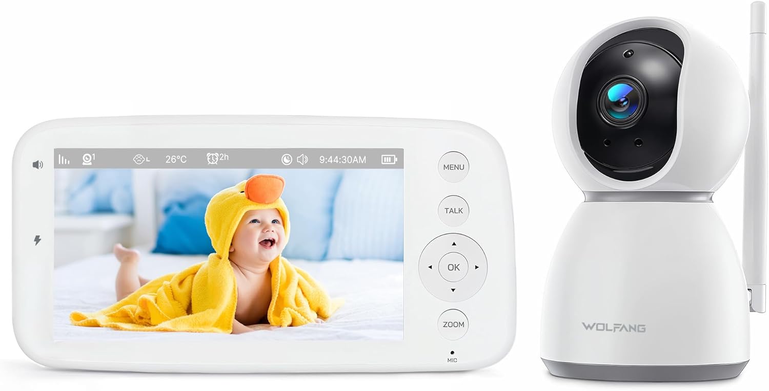 WOLFANG 1080P Camara Vigilancia Bebe con 5" 720P Pantalla, Vigilabebes con Camara con Rotación de 360° y Zoom, Sin WiFi, Visión Nocturna, Comunicación Bidirecciona, Temperatura, Detección de Llanto