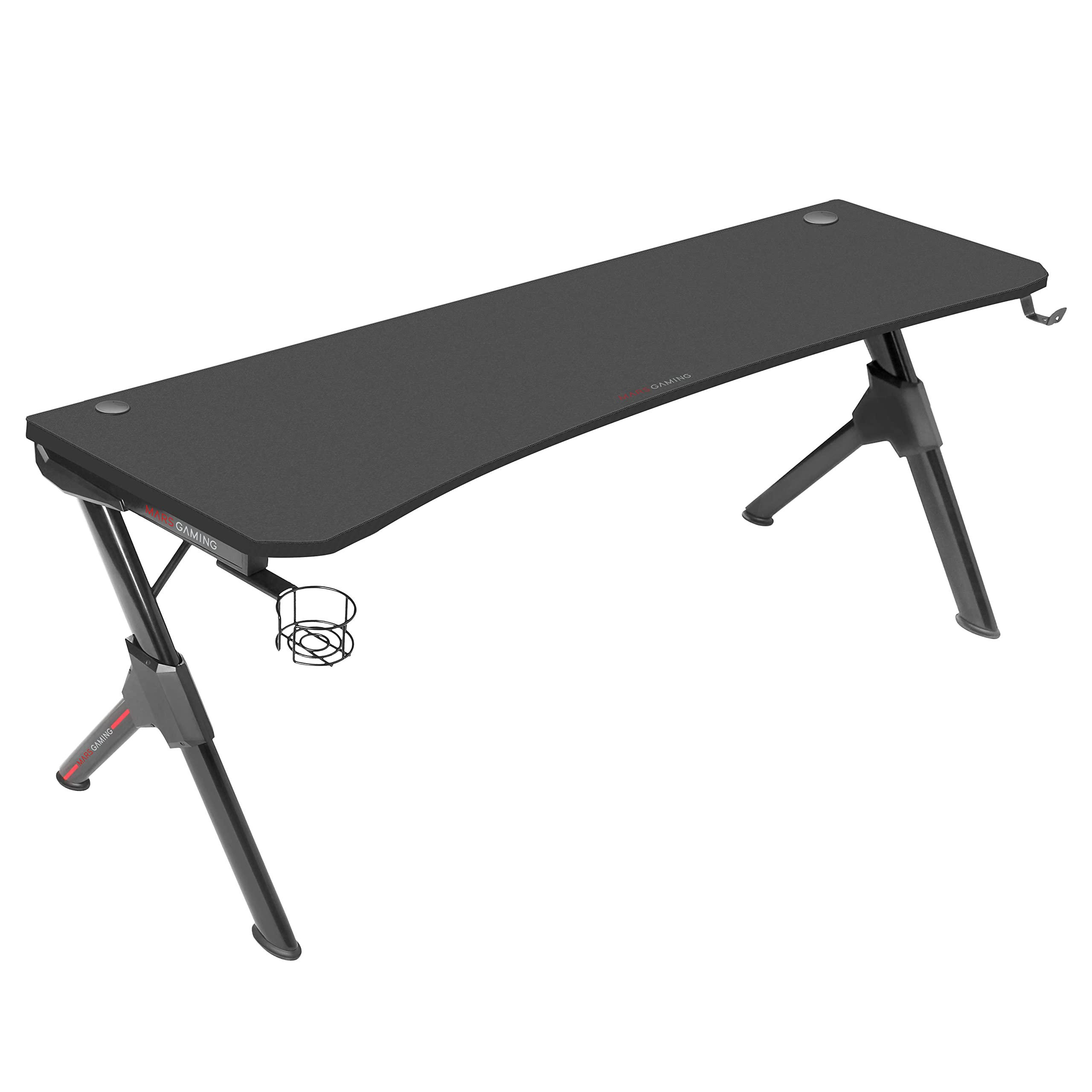 Mars Gaming MGD-X160RGB, Mesa de jogos ergonómica, iluminação ARGB com comando, fibra de carbono, tapete XXL, suporte auriculares e bebida, gestão com cabos, secretária Gaming 160 x 60 cm, preto