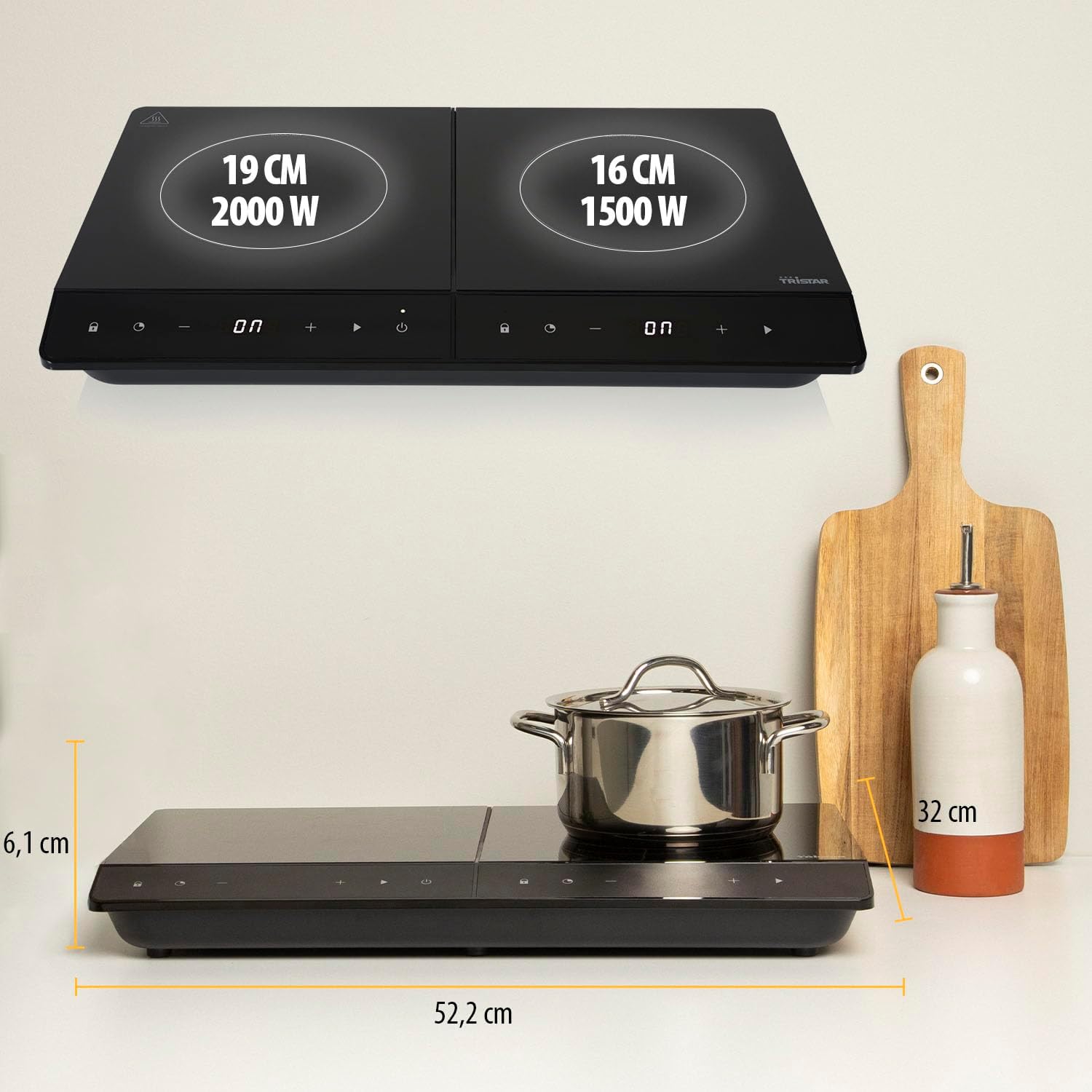 Tristar Placa de inducción doble, ⌀19 y ⌀16 cm, 10 niveles de potencia, 3500 W, de bajo consumo, temporizador integrado, con protección contra sobrecalentamiento, IK-6162