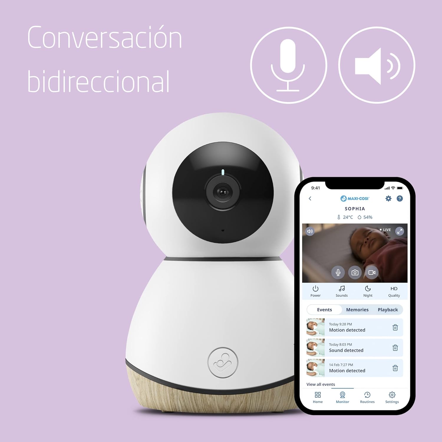 Maxi-Cosi See câmara de vigilância para bebés wi-fi interior, monitor para bebés com câmara de visão noturna HD, vídeo e áudio, sensor de movimento e sons relaxantes, deteta temperatura e humidade da