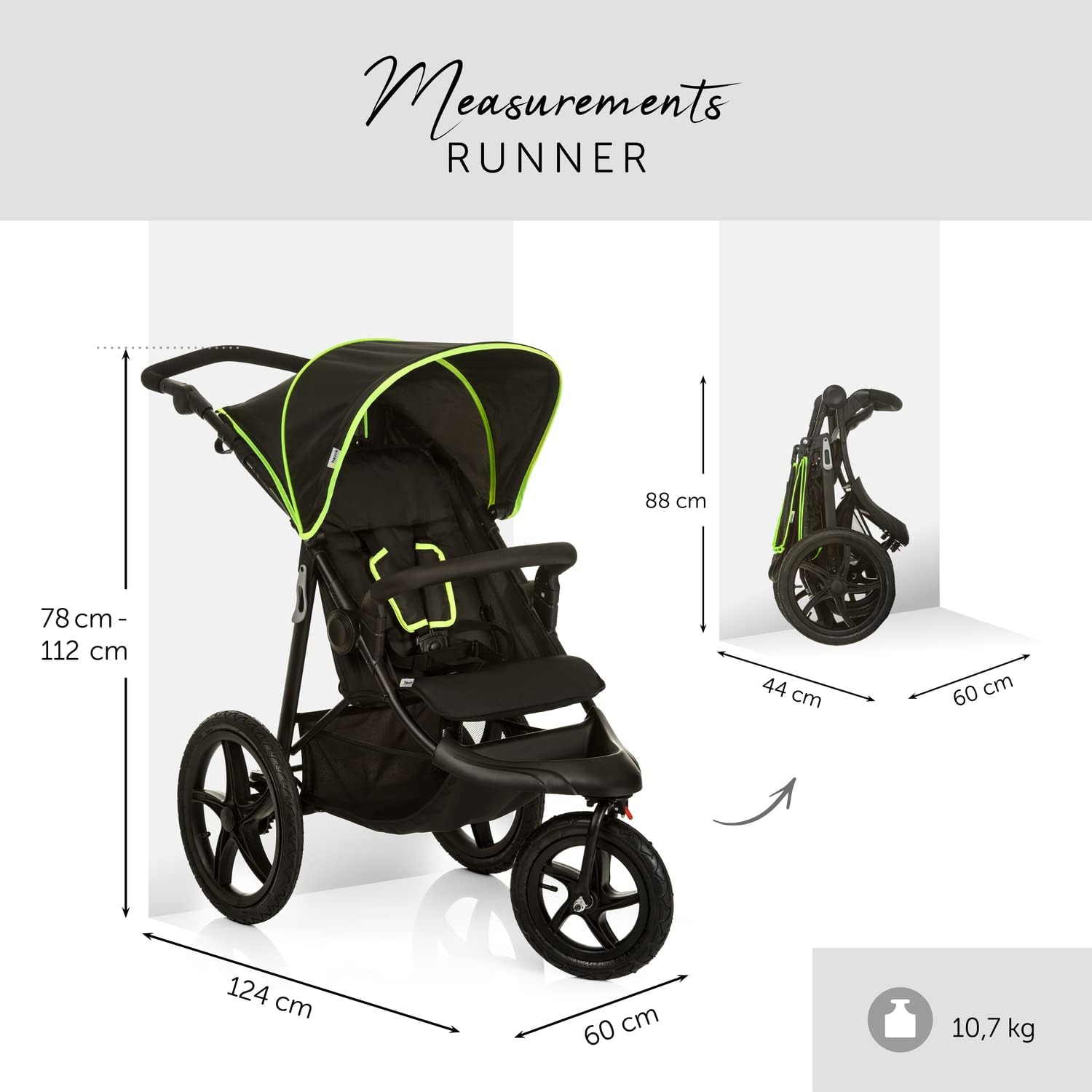 hauck Runner Carrinho de bebé desde o nascimento - cadeira de passeio leve até 22 quilos - carrinho 3 rodas pneumáticas - dobrável compacto - suspensão - preto/néon