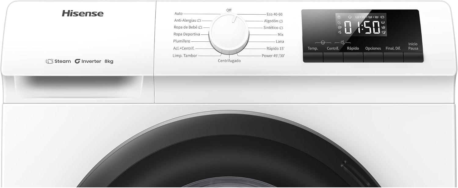 Hisense WF1Q8041BW2 - Máquina de lavar roupa, classe A, 8 kg, 1400 rpm, altura 85 cm x largura 60 cm, branco, função de vapor 99,9%, lavagem rápida, lavagem automática, conclusão diferida, Tecnologia