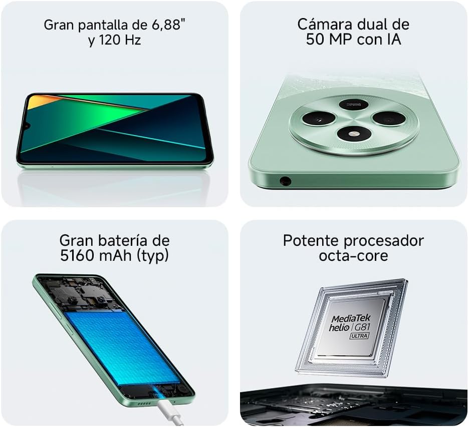 Xiaomi Poco C75 - Smartphone de 8 + 256 GB, ecrã imersivo de 120 Hz, MediaTek Helio G81-Ultra, câmara dupla de 50 MP IA, 5160 mAh, carregamento rápido de 18 W, NFC, dourado (versão ES)