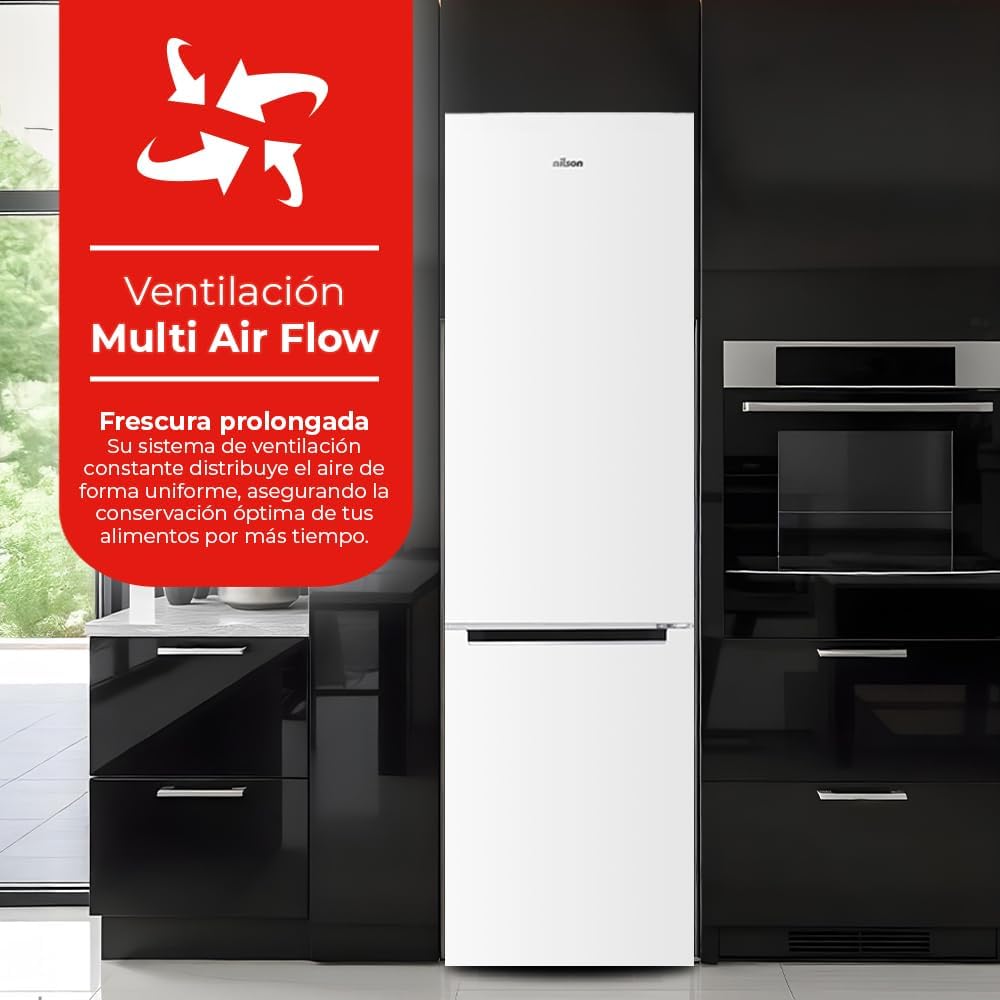NILSON Frigorífico combinado branco, 2 portas. NC185500ENF, Capacidade de 253 litros, sem rost, Multi Air Flow, baixo nível sonoro, porta reversível, classificação energética E