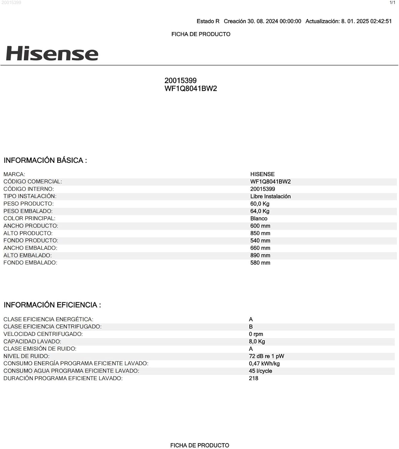 Hisense WF1Q8041BW2 - Máquina de lavar roupa, classe A, 8 kg, 1400 rpm, altura 85 cm x largura 60 cm, branco, função de vapor 99,9%, lavagem rápida, lavagem automática, conclusão diferida, Tecnologia