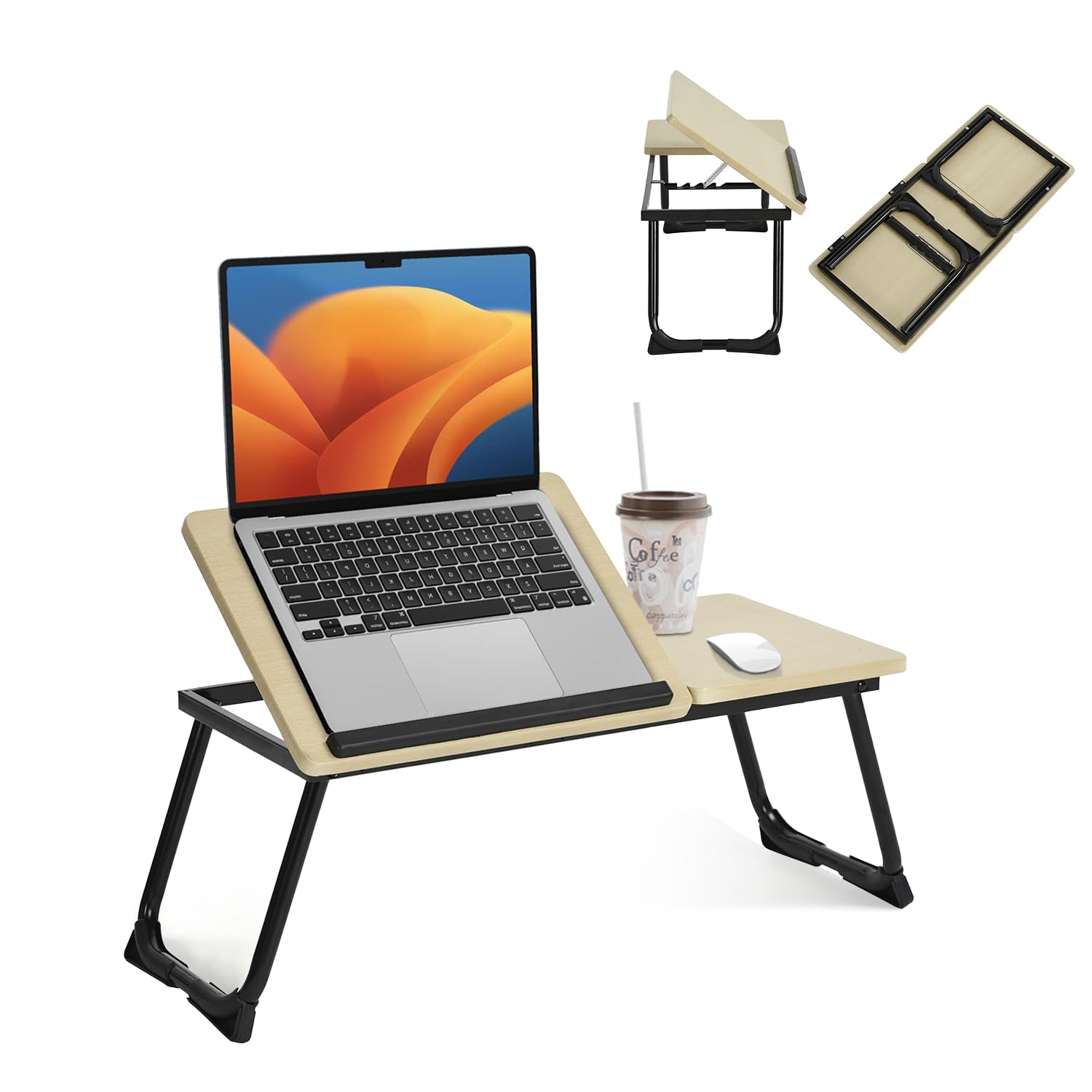 MEUBLE COSY - Mesa de cama con soporte para ordenador portátil plegable (altura regulable, tablero acabado de roble, base de metal blanco, 65 x 30 x 27,5 cm)