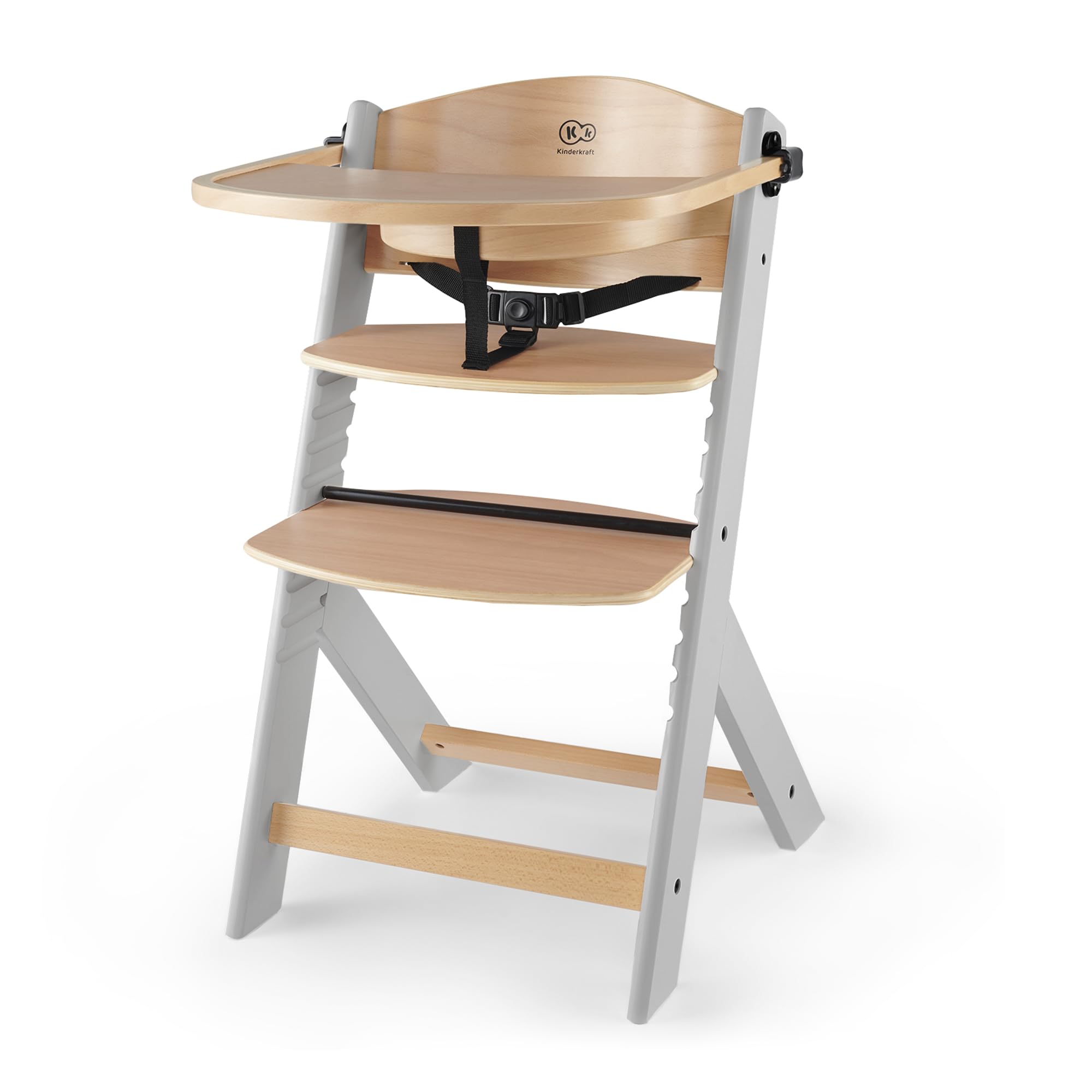 kk Kinderkraft ENOCK Cadeira alta bebé de madeira, infantil, portátil, para crianças, cadeira alta evolutiva, ergonómica, com acessórios, barreira e bandeja, madeira natural