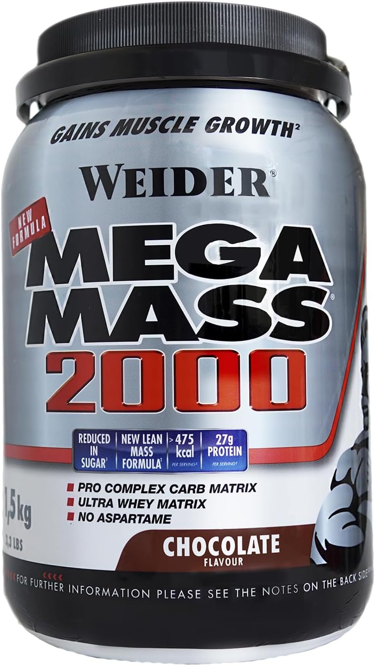 Weider Mega Mass 2000 sabor chocolate (1500 g) 67% de hidratos e 16% de proteínas. Enriquecido com vitaminas e minerais. Com menos açúcares (WMN.402101)