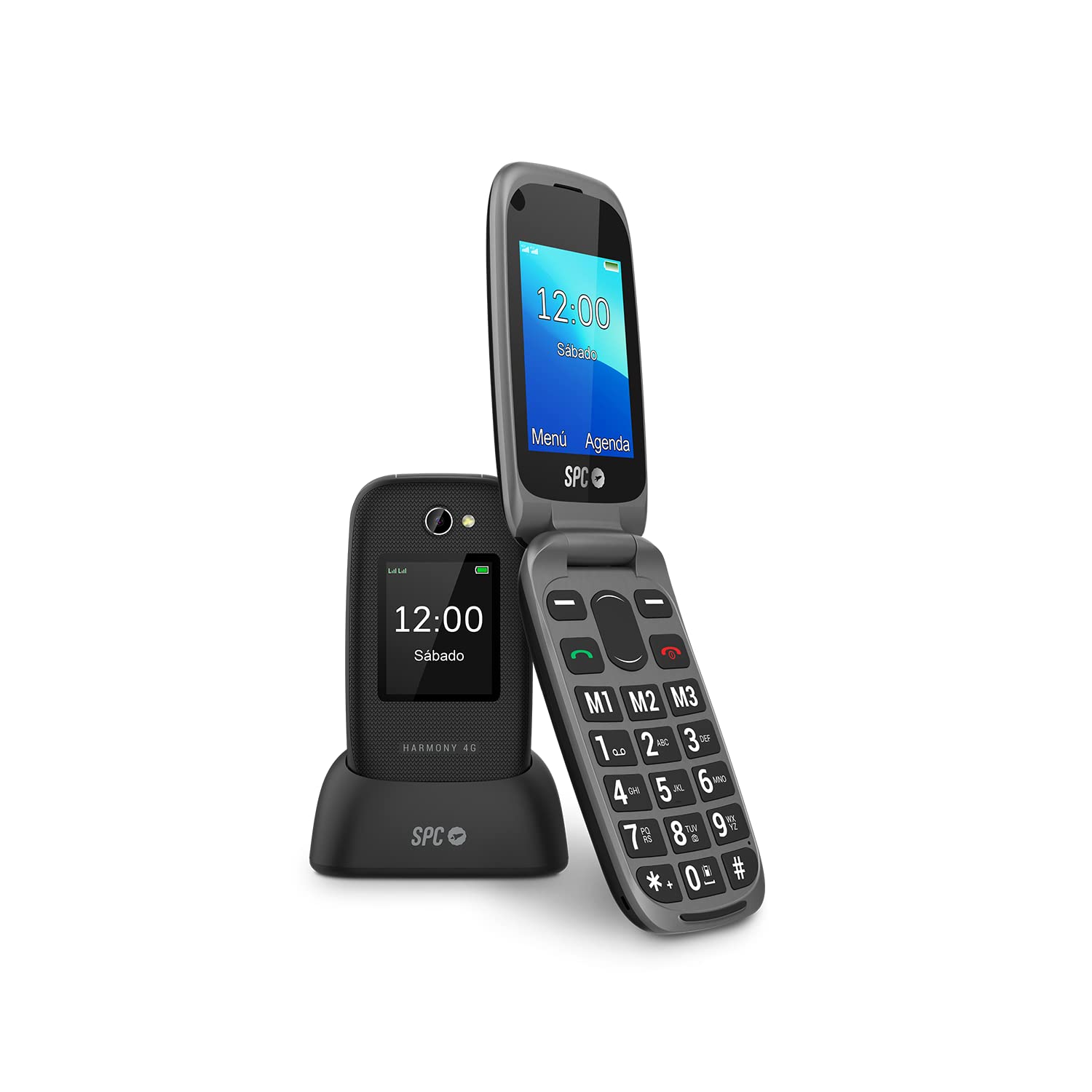 SPC Harmony - Telemóvel para idosos, telemóveis com tampa, teclas grandes, volume alto 96dB, compatível com aparelhos auditivos, contactos com imagem, botão SUS, ecrã duplo (2,4" + 1,77") - preto