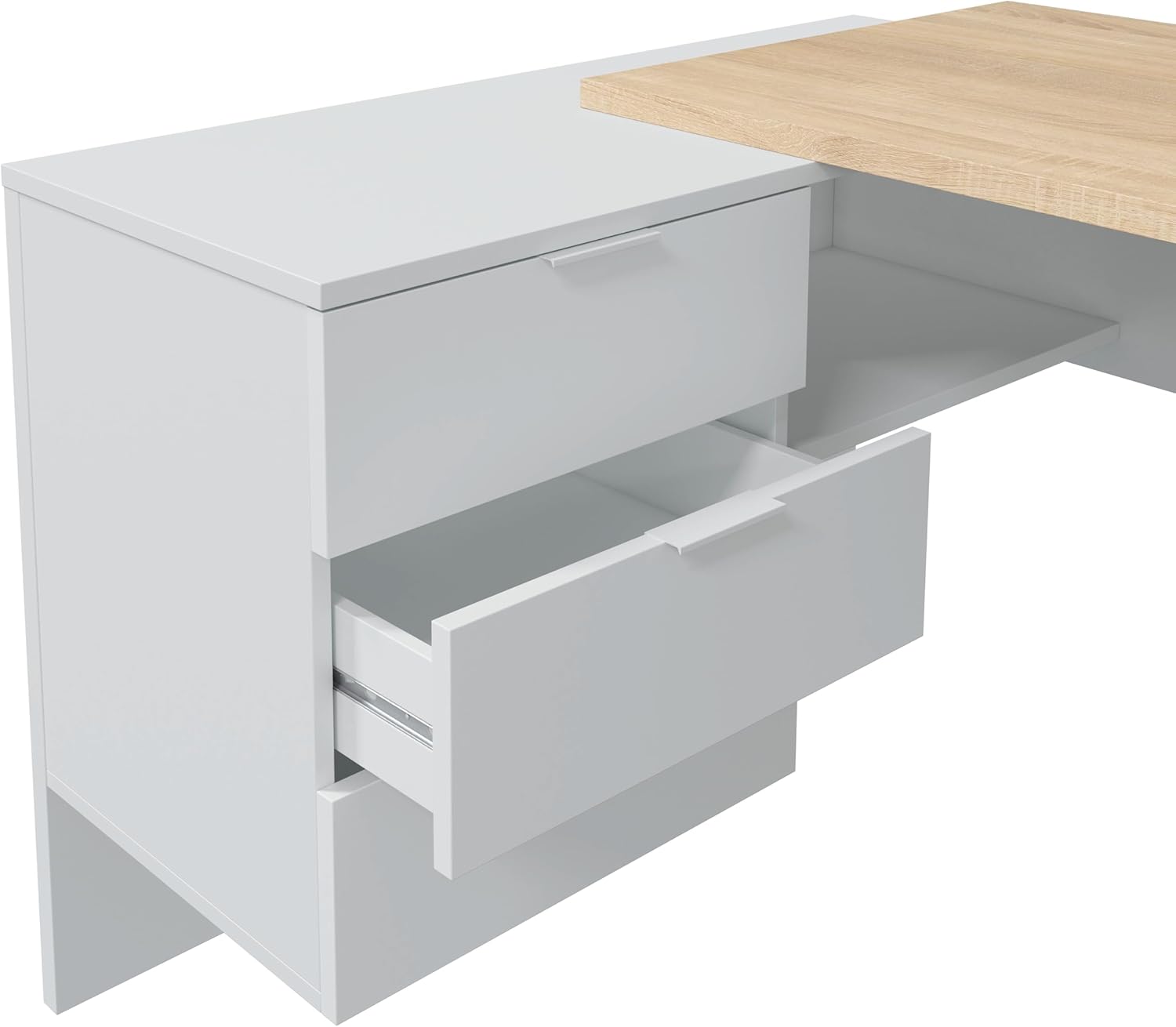 duehome | Escritório com gaveta, mesa de escritório, modelo Office Work, acabamento em branco Artik e carvalho cananadian, medidas: 145 cm (comprimento) x 102 cm (fundo) x 73 cm (altura)