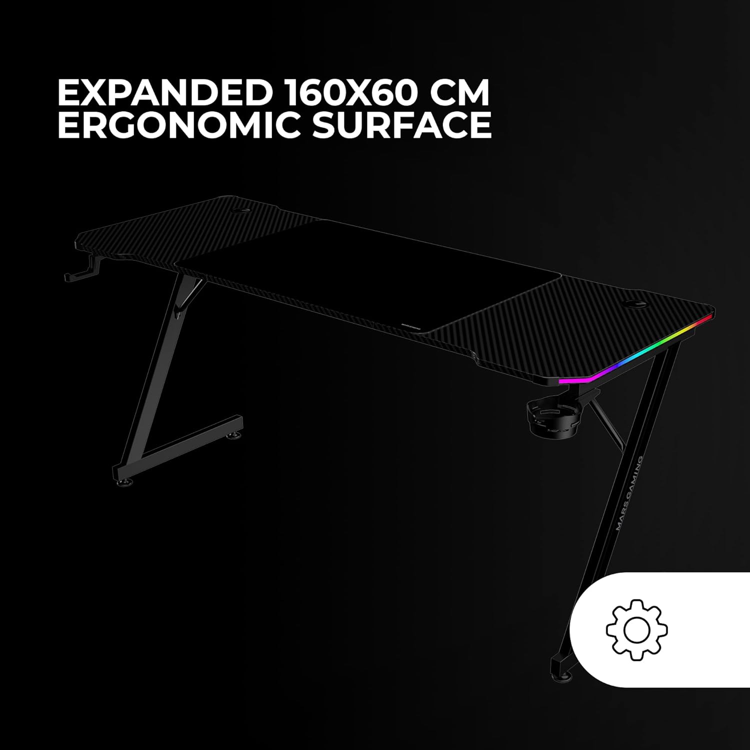 Mars Gaming MGD-X160RGB, Mesa de jogos ergonómica, iluminação ARGB com comando, fibra de carbono, tapete XXL, suporte auriculares e bebida, gestão com cabos, secretária Gaming 160 x 60 cm, preto