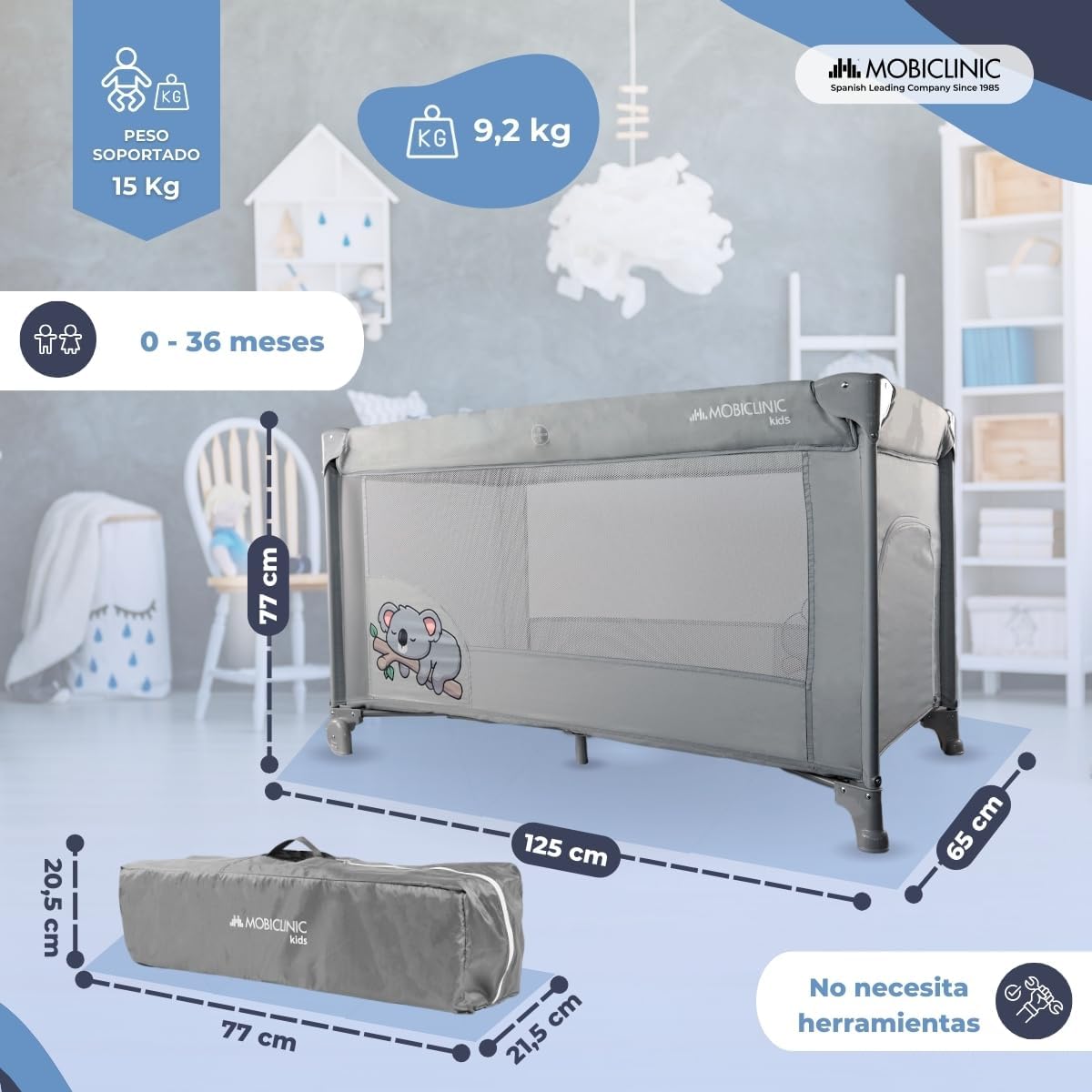 Mobiclinic®, Cuna de Viaje, Bolsa Transporte, 2 en 1, Plegado ultracompacto, Colchón extraíble, Mofli, hasta 15kg, Tela Transpirable, Entrada Lateral con Cremallera, Parque bebé, Ruedas (Gris)