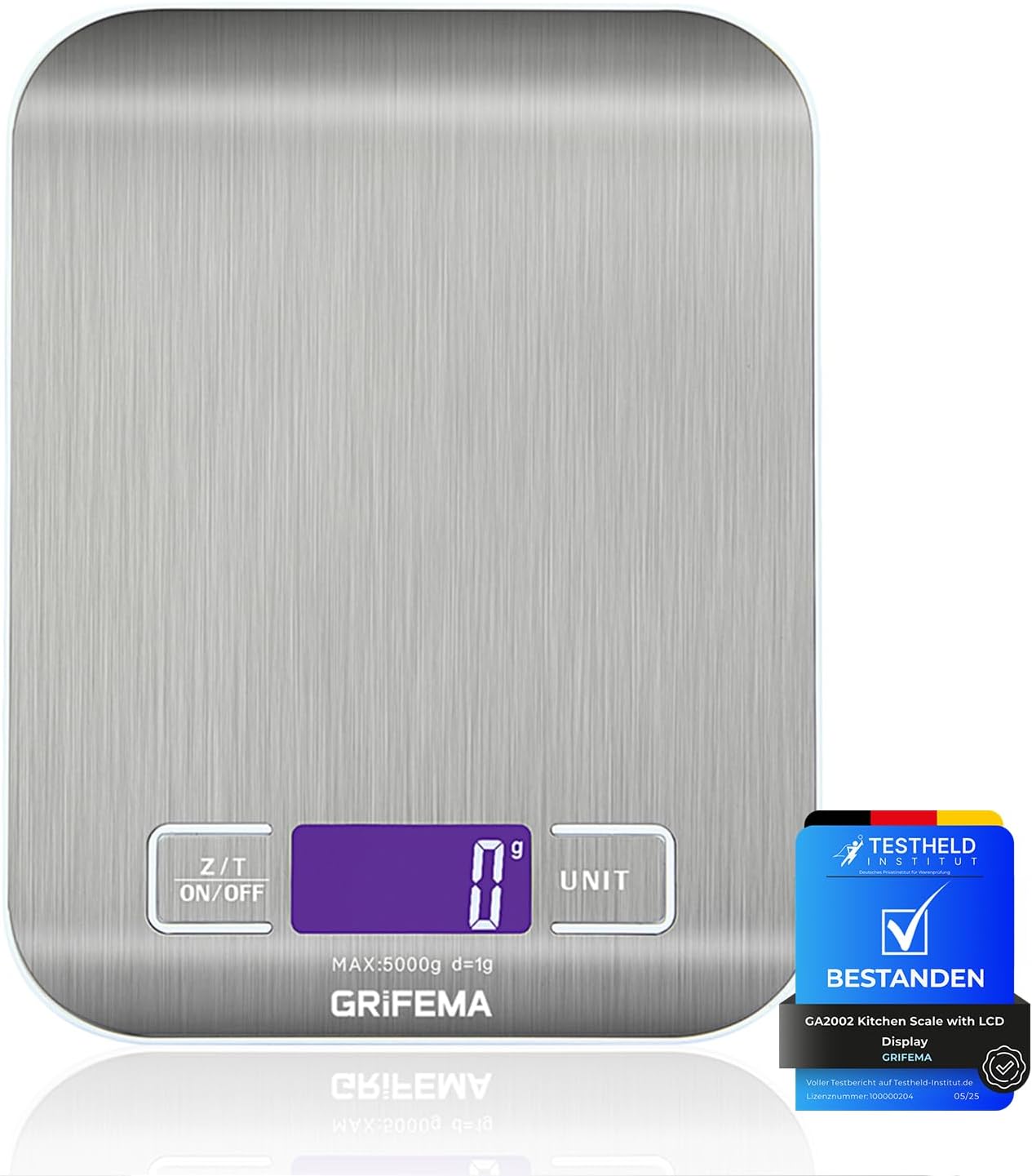 GRIFEMA - GA2002, Balança de cozinha com ecrã LCD, aço inoxidável, balança de alimentos multifuncional 5 kg/11 lbs, cinzento: Cor do ecrã: Azul [exclusivo na Amazon]