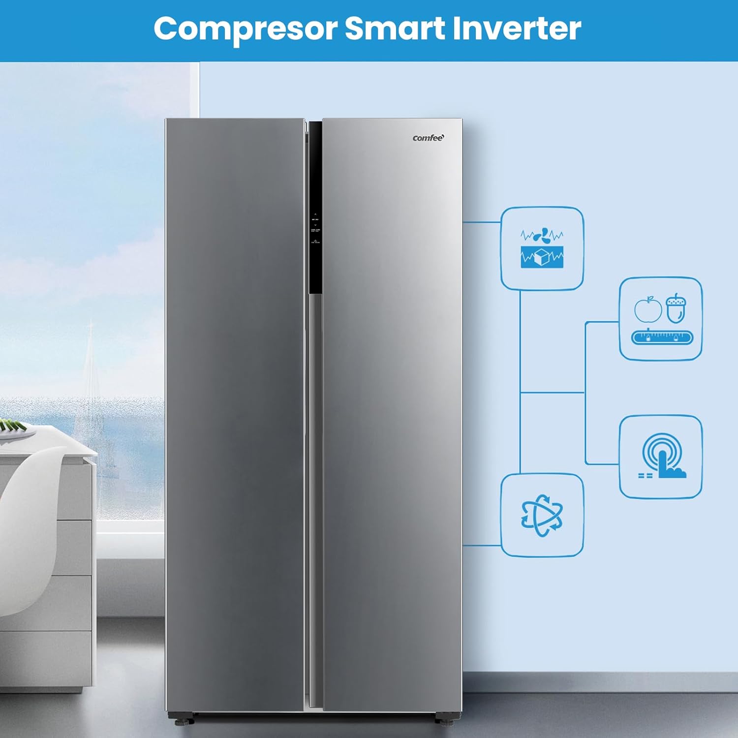 Comfee ' RCS609IX2 Frigorífico-Congelador americano 460 L (271 + 189)/Não Frost/Compressor Inverter/177,5 cm de altura/de refrigeração/189 L de congelação/controlo duplo/SuperCool, Inox
