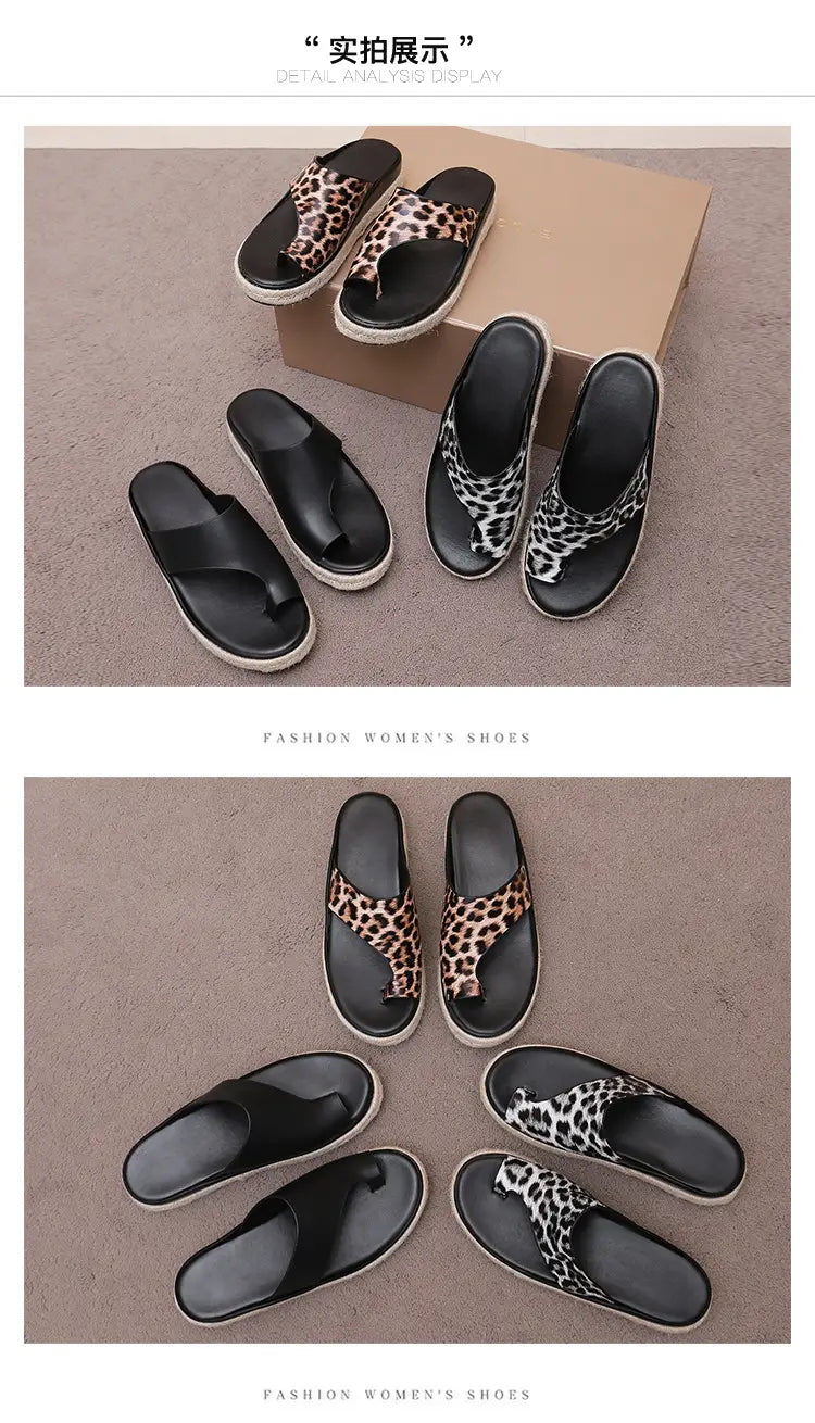 Sandálias de senhora de sola grossa com padrão leopardo