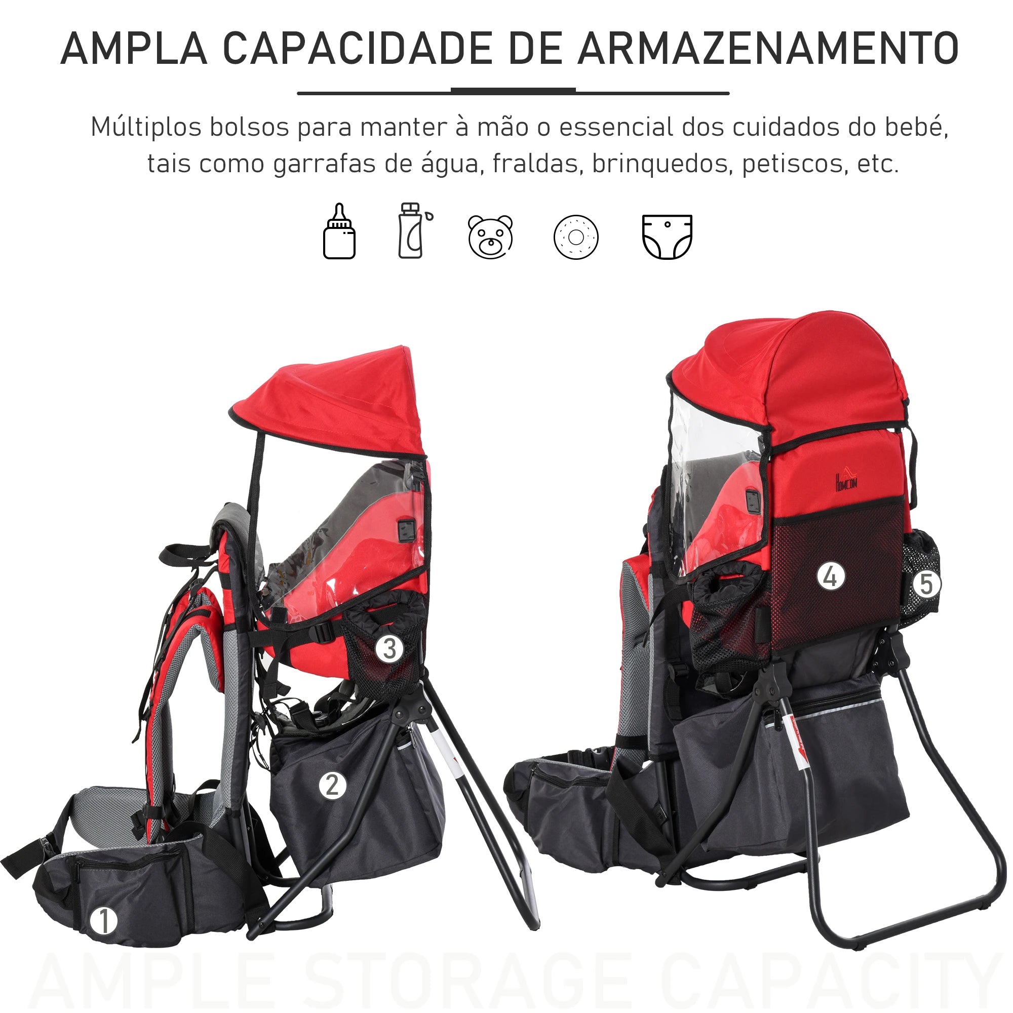 Mochila Porta Bebés Dobrável Ergonómica com Assento Confortável Vermelho