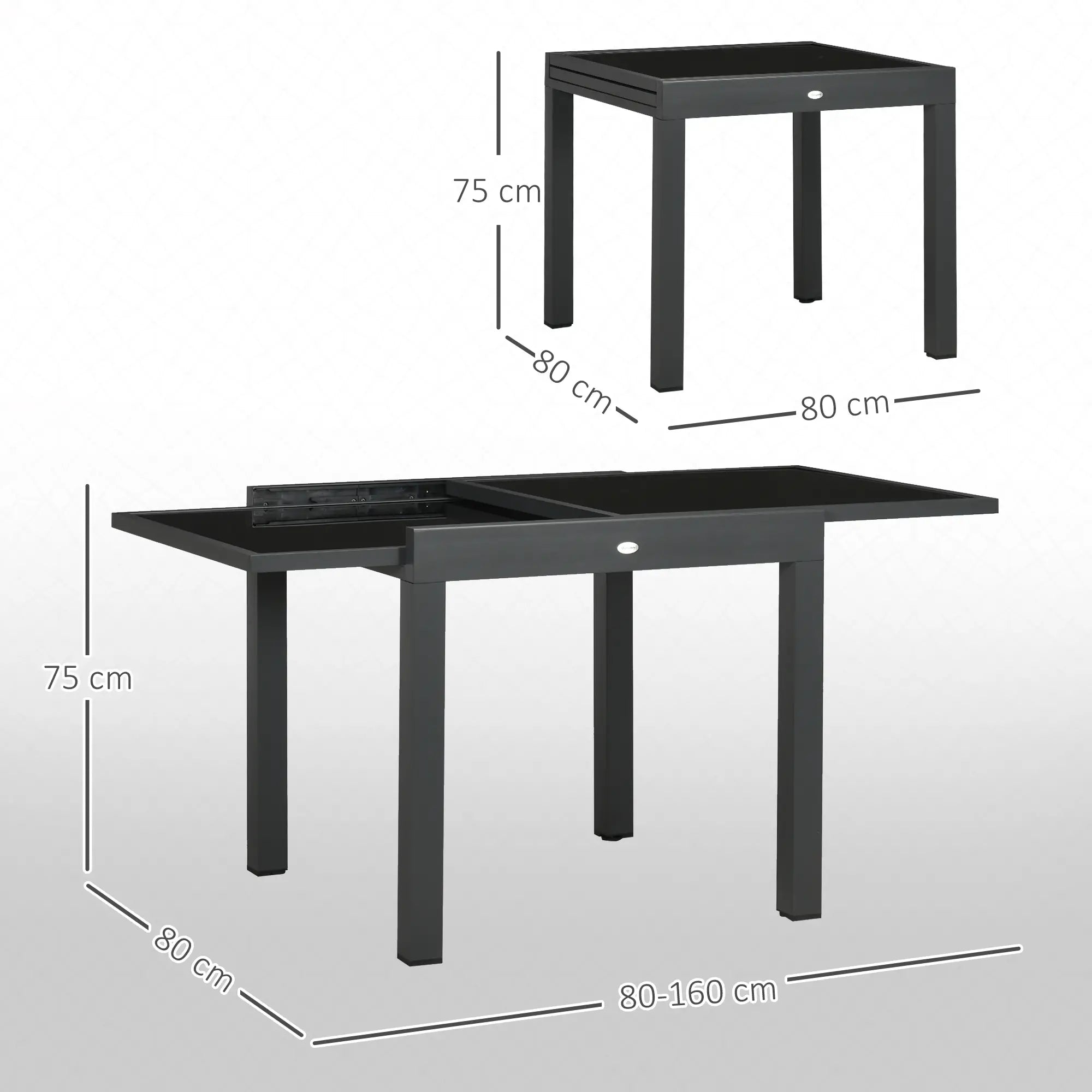 Mesa de Jardim Extensível de Alumínio com Bancada de Vidro Temperado 160x80x75 cm Preto
