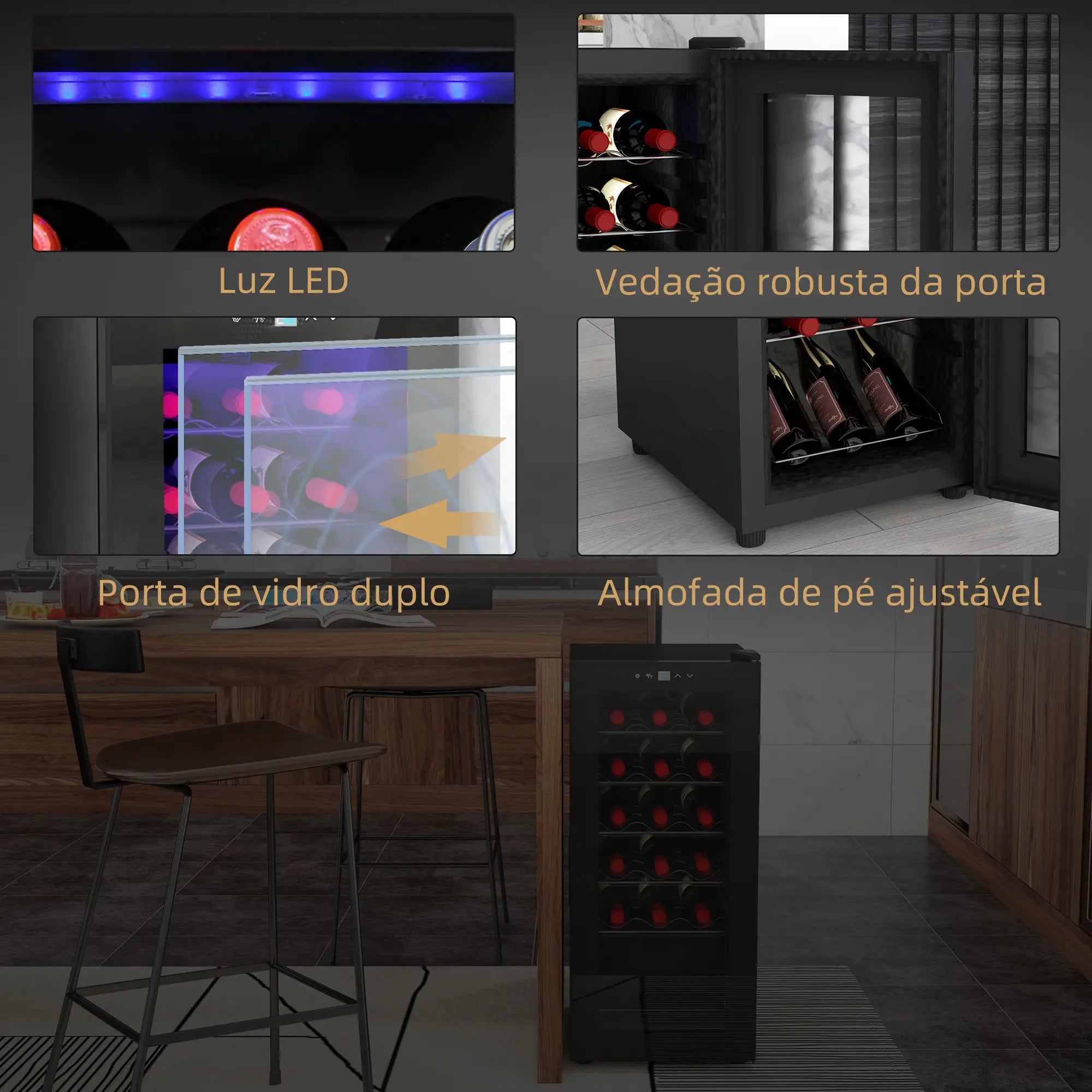 Cave de Vinho 18 Garrafas com Luz LED Ecrã Tátil Digital Controlo de Temperatura Porta de Vidro e 5 Prateleiras Preto