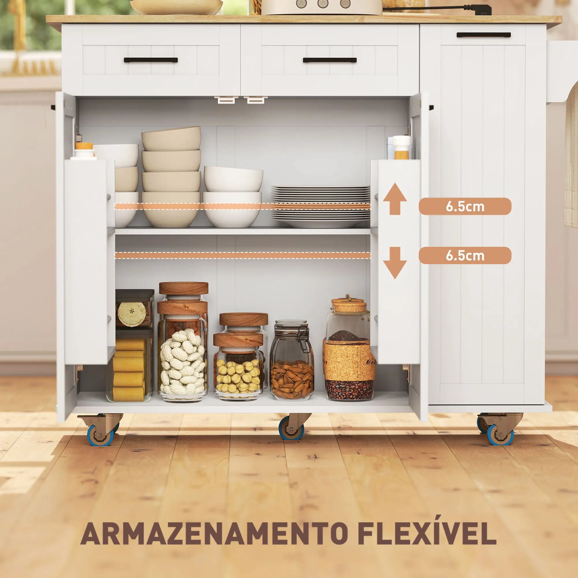 Ilha de Cozinha com Rodas Carrinho de Cozinha com Tomada USB Bancada Rebatível 2 Gavetas 119,5x74x94,5 cm Branco