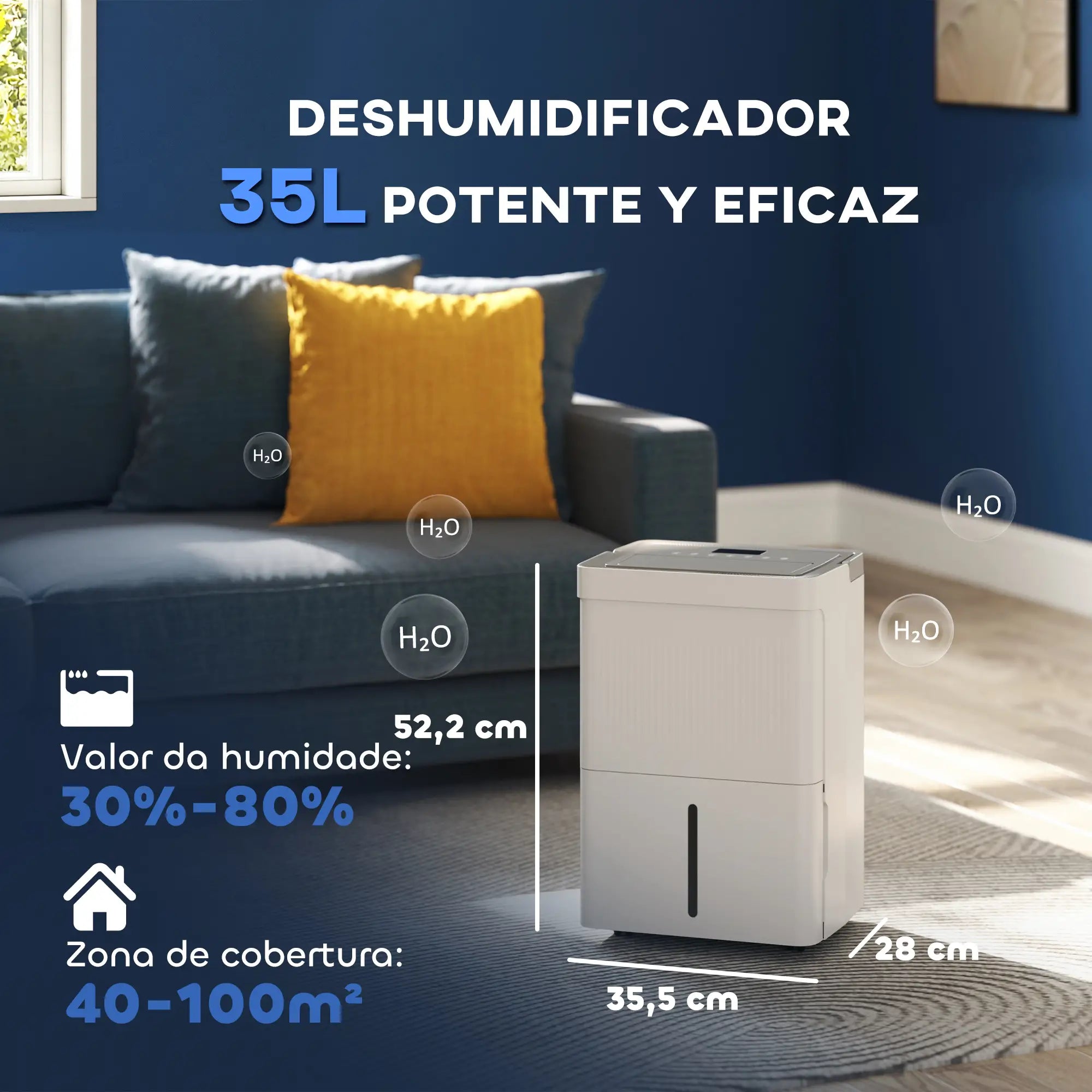 Desumidificador 35L/dia Depósito 5,5L com Ecrã LED Temporizador 24H Bloqueio Infantil até 40-100㎡ 35,5x28x52,2 cm Branco