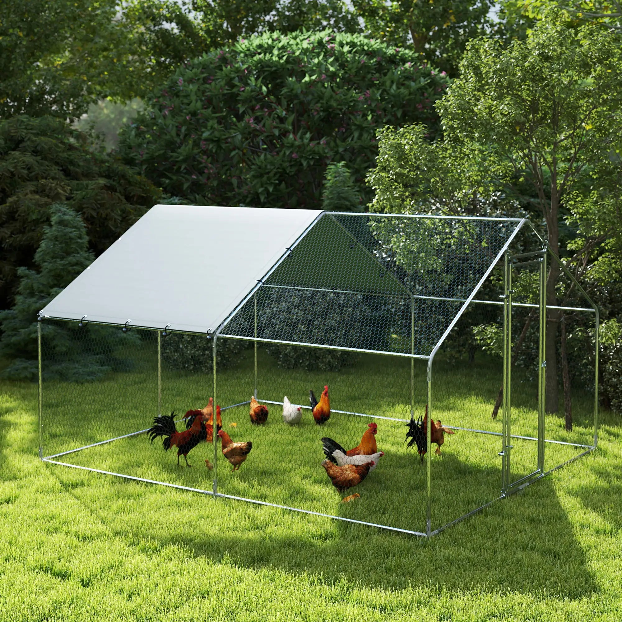 Galinheiro para Exterior 3x3,4x1,9 m Galinheiro de Aço Galvanizado com Cobertura Anti-UV Gaiola para 10-15 Galinhas Prata