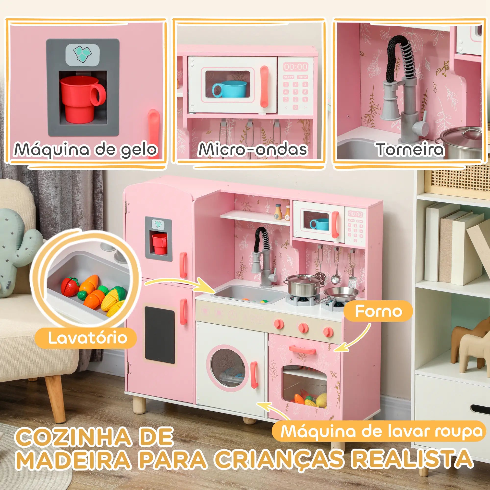 Cozinha de Madeira para Crianças com Máquina de Gelo e Acessórios