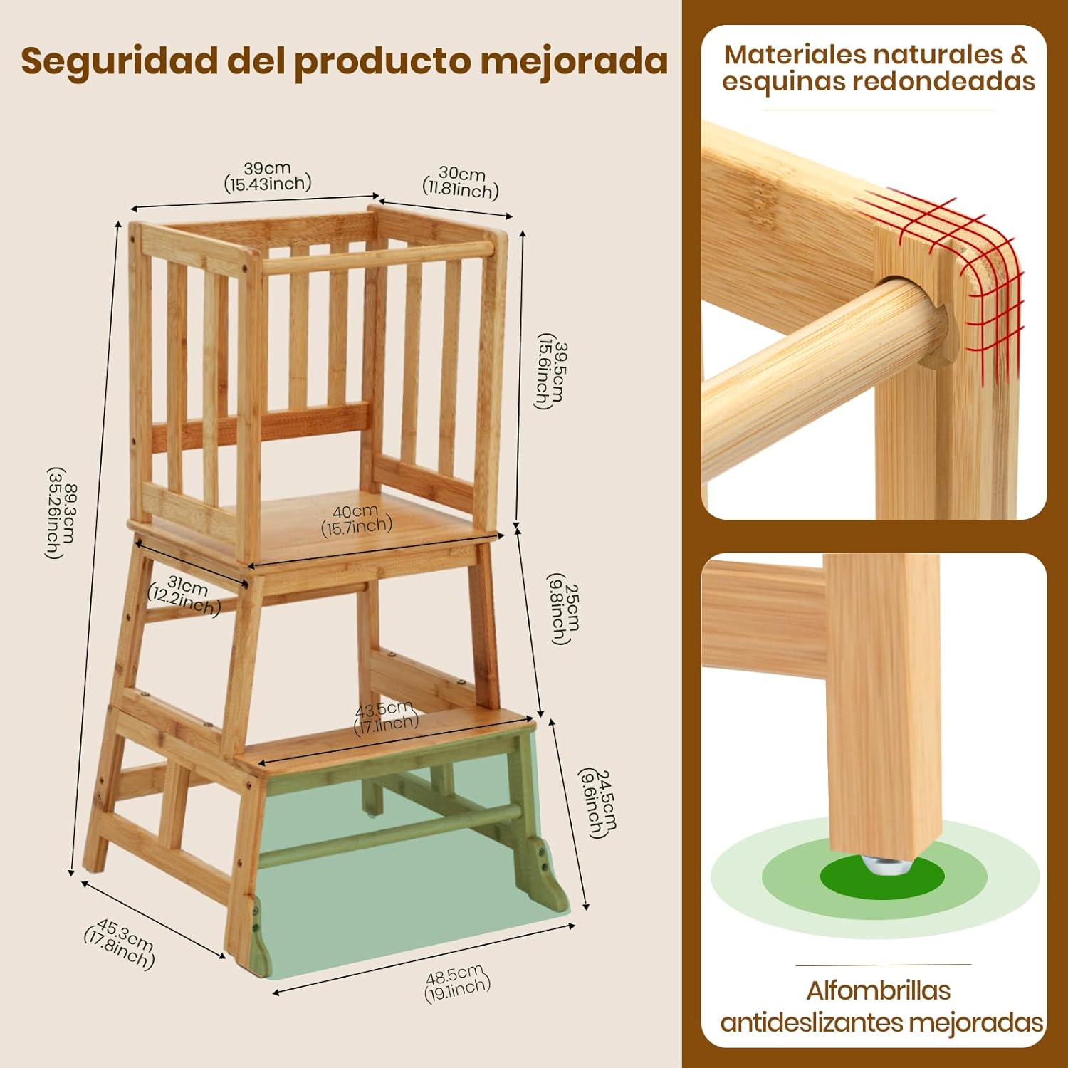 COSYLAND Torre de aprendizagem desde 18 meses - torre de aprendizagem para crianças - proteção anti-virar e barra de segurança - para casa de banho, quarto infantil e cozinha - cor bambu