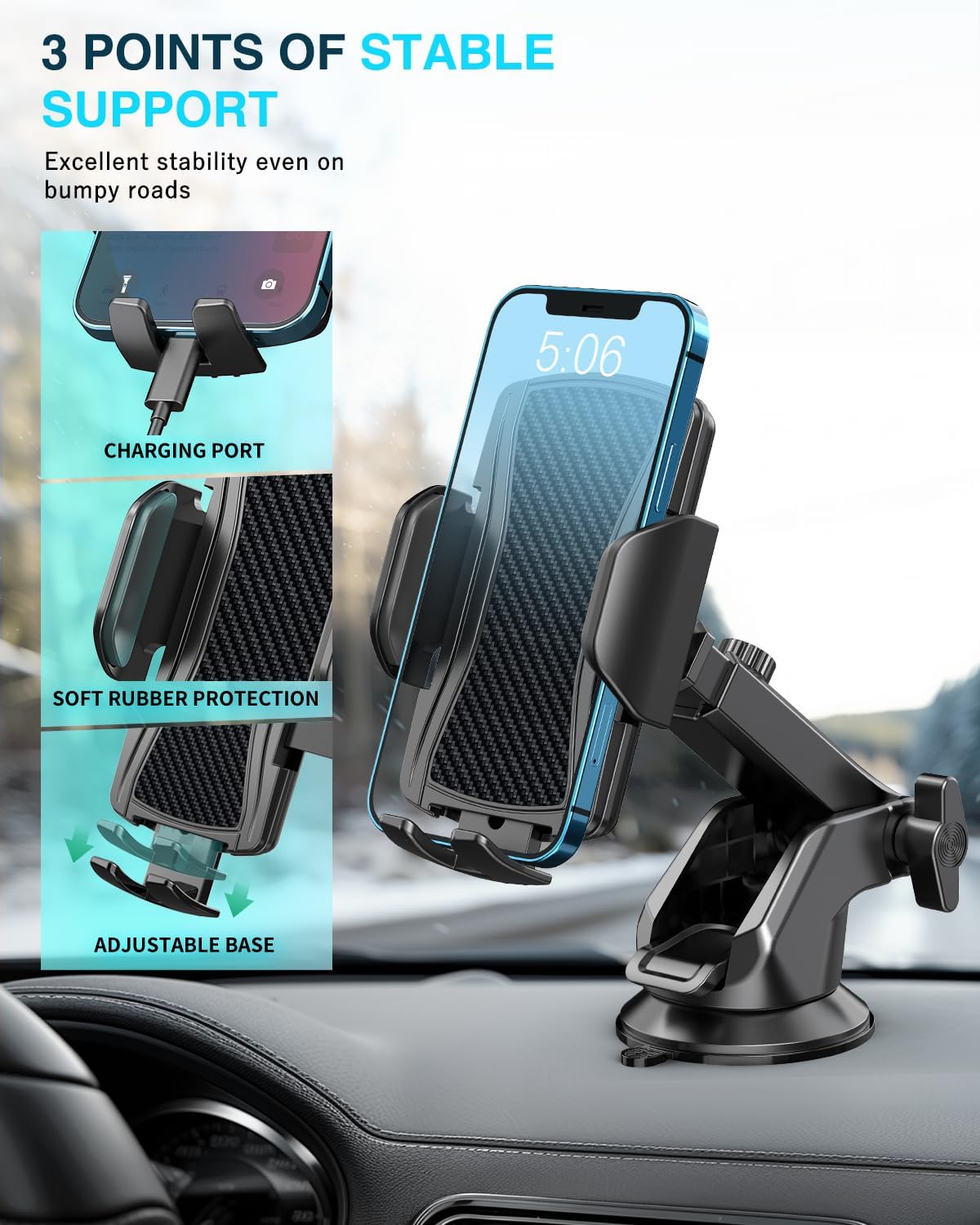 Hoppac Suporte móvel para carro, suporte telemóvel para carro e para-brisas, rotação de 360 graus e libertação de um botão, suporte de telemóvel para telemóvel para telemóvel 4-7 polegadas